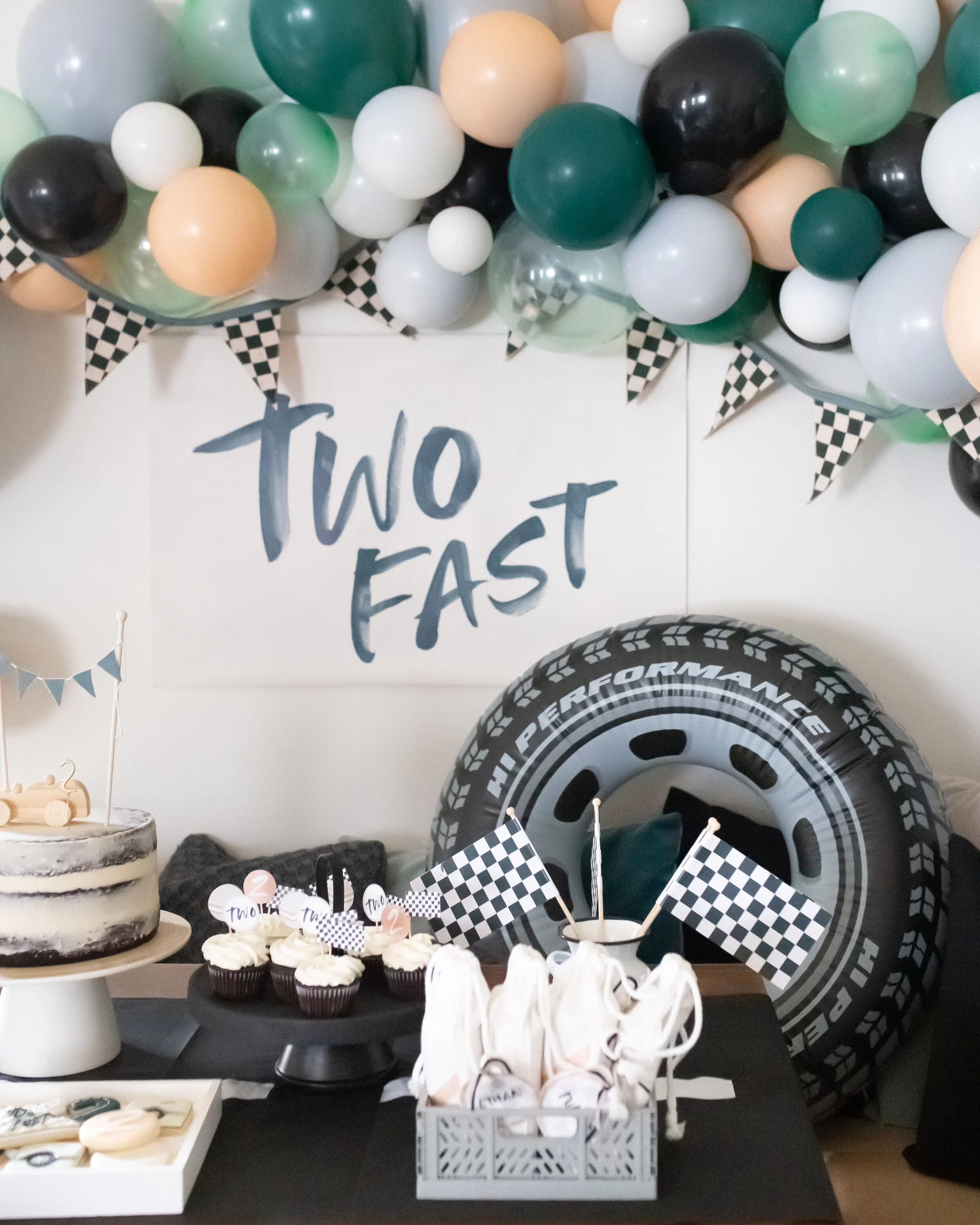 RACE car themed 2nd birthday party with TWO FAST banner