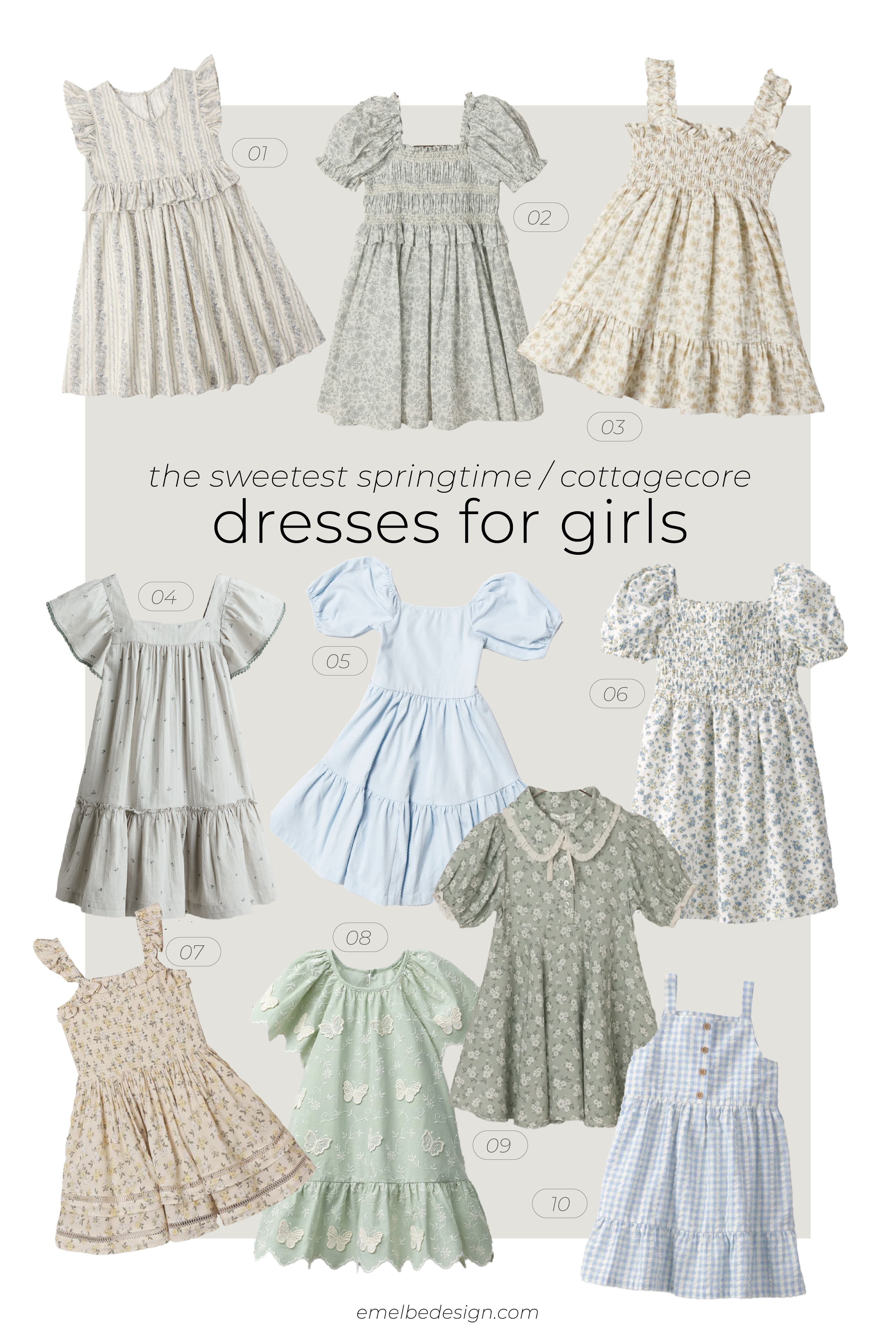 cottage inspired spring dresses for girls 2026 - easter, floral, gingham, plaid, lace, linen, pastel, puff sleeve - one silly goose birthday inspo