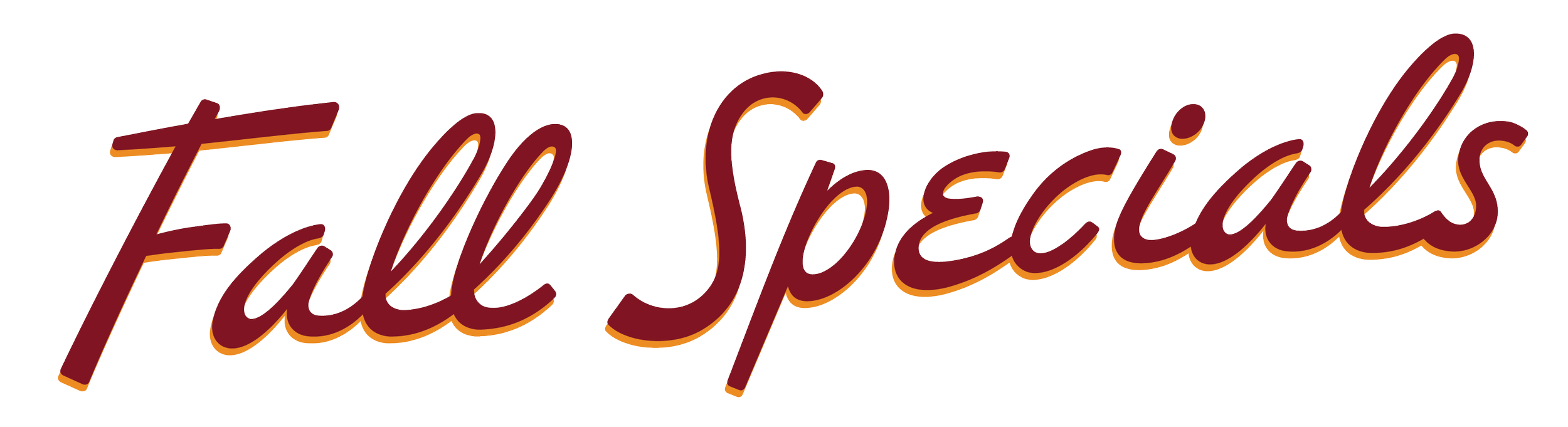 Fall specials written in cursive red font with orange shadow on a transparent background