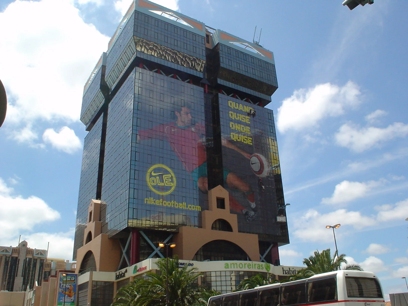  Luis Figo installation used a vinyl cut letter headline which was changed after each Portugal game to trash talk their opponents. A team of abseilers replaced the copy overnight with news media waiting to broadcast the change in the morning.  Lisbon