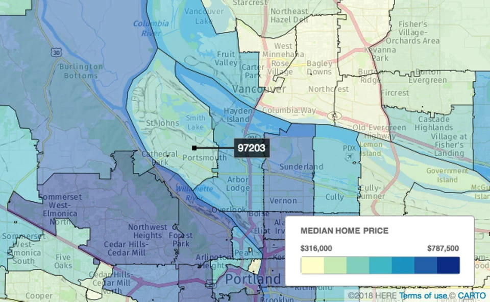  1. St. Johns/Portsmouth, Portland In the 97203 ZIP code, there were 150 sales. Homes spent an average of 22 days on the market, and the median sale price was $378,125, down 0.5 percent from $380,000 a year earlier.