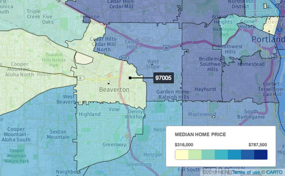 Central Beaverton In the 97005 ZIP code, there were 83 sales. Homes spent an average of 18 days on the market, and the median sales price was $345,000, down 1.4 percent from $350,000 a year earlier.