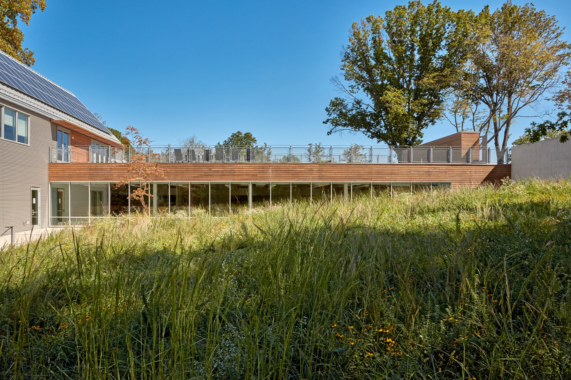 The headquarters for Baltimore’s Parks and People Foundation was developed within Baltimore’s Druid Hill Park. A parcel of land which was once the home of the park’s superintendent is now separated from the park by a boulevard. The superintendent’s house and stable were renovated, as was the landscape to create a connection with the landscape of Druid Hill Park, which was designed by the Olmstead Brothers in the early 20th Century. The site is located between Baltimore’s City Zoo and a recently completed mass transit stop. A central band of demonstration gardens leads visitors from the transit center through a storm water collection basin, porous parking lots and an edible native plant garden. A nursery for the city’s street trees is on the way to the headquarters’ new glass pavilion addition. The rigor of the proposed glass pavilion is the basis for the organization of the central band, which is meant to stand in contrast to the historical landscape. Photovoltaic lights, porous pavements, local materials, and indigenous plants are all planned to illustrate sustainable practices to the community. The project received the highest LEED certification and to forges a link with the park and community . Collaborators Ziger/Snead LLP Architects Photography Charles Mayer