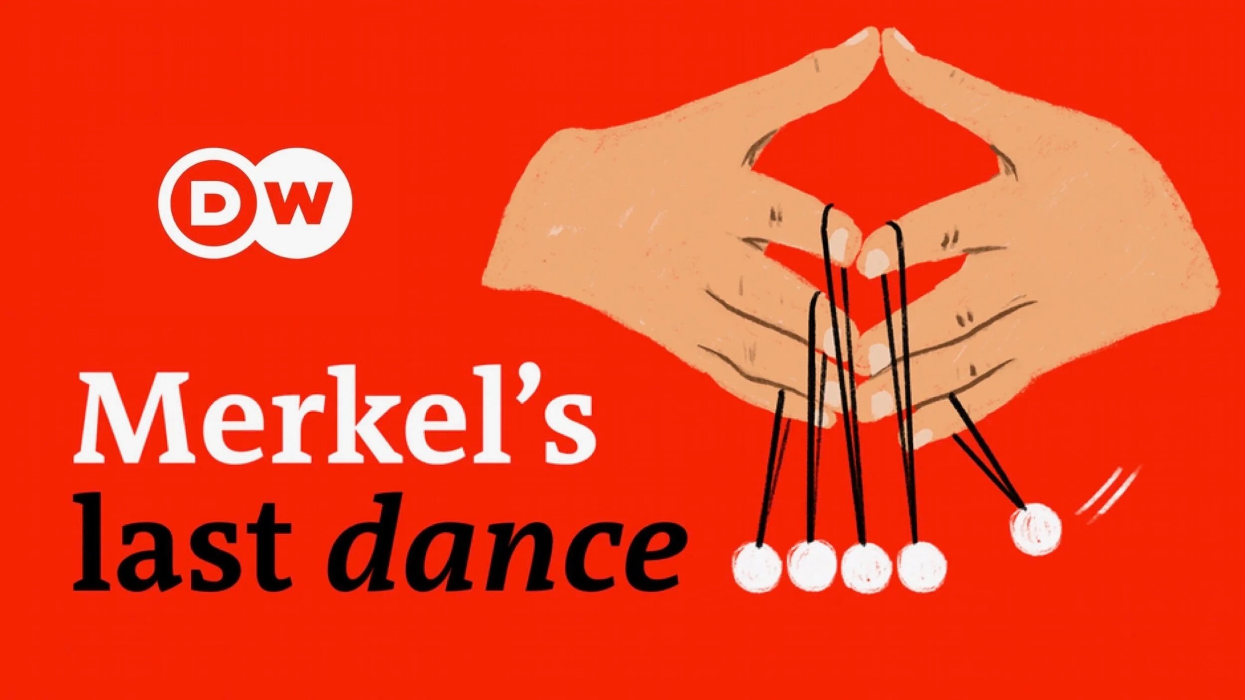 Illustration of two hands with fingers interlocked, mimicking ballet pointe shoes, with five shuttlecocks hanging from black strings forming a dance pose. Title text reads "Merkel's last dance" and the Deutsche Welle logo is in the top left corner against a red background.