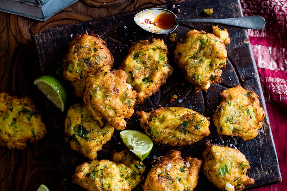 Cod fritters with harissa honey dip