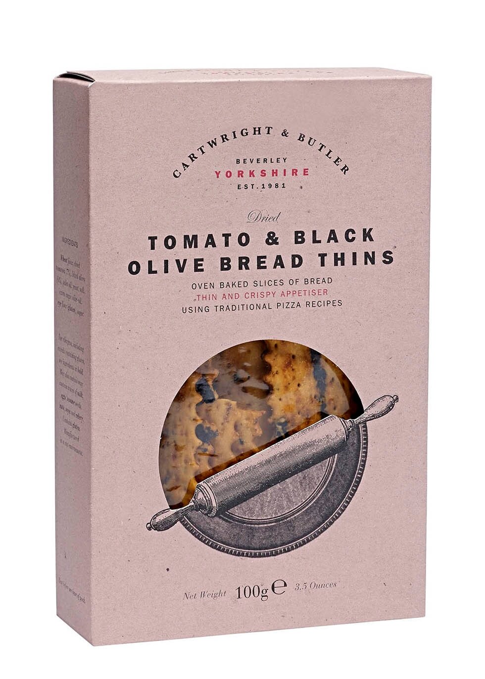 CARTWRIGHT &amp; BUTLER  Tomato &amp; Black Olive Bread Thins 100g, £3.95
