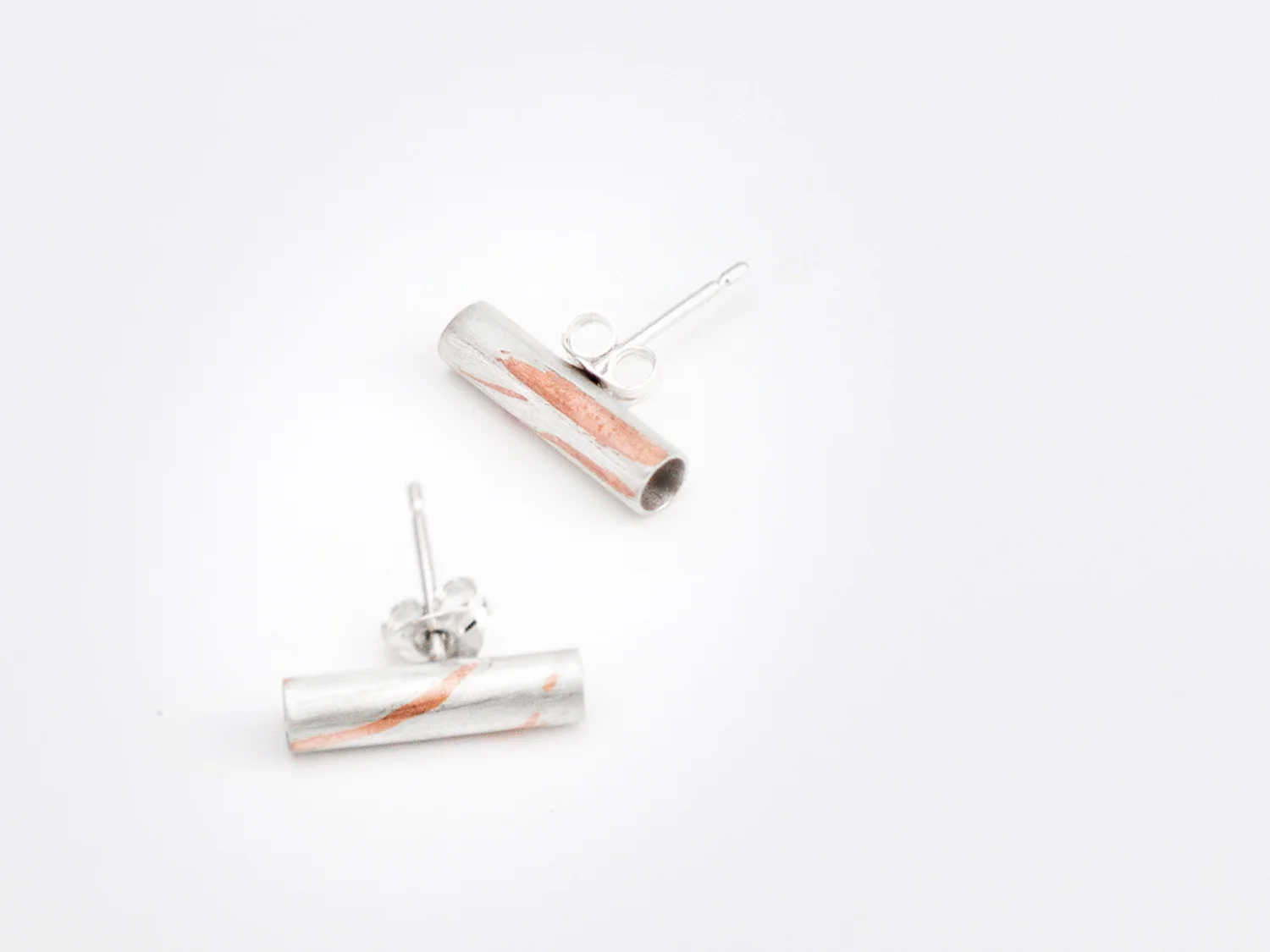 Small Copper Inlay Tube Earrings; Sterling Silver, Copper