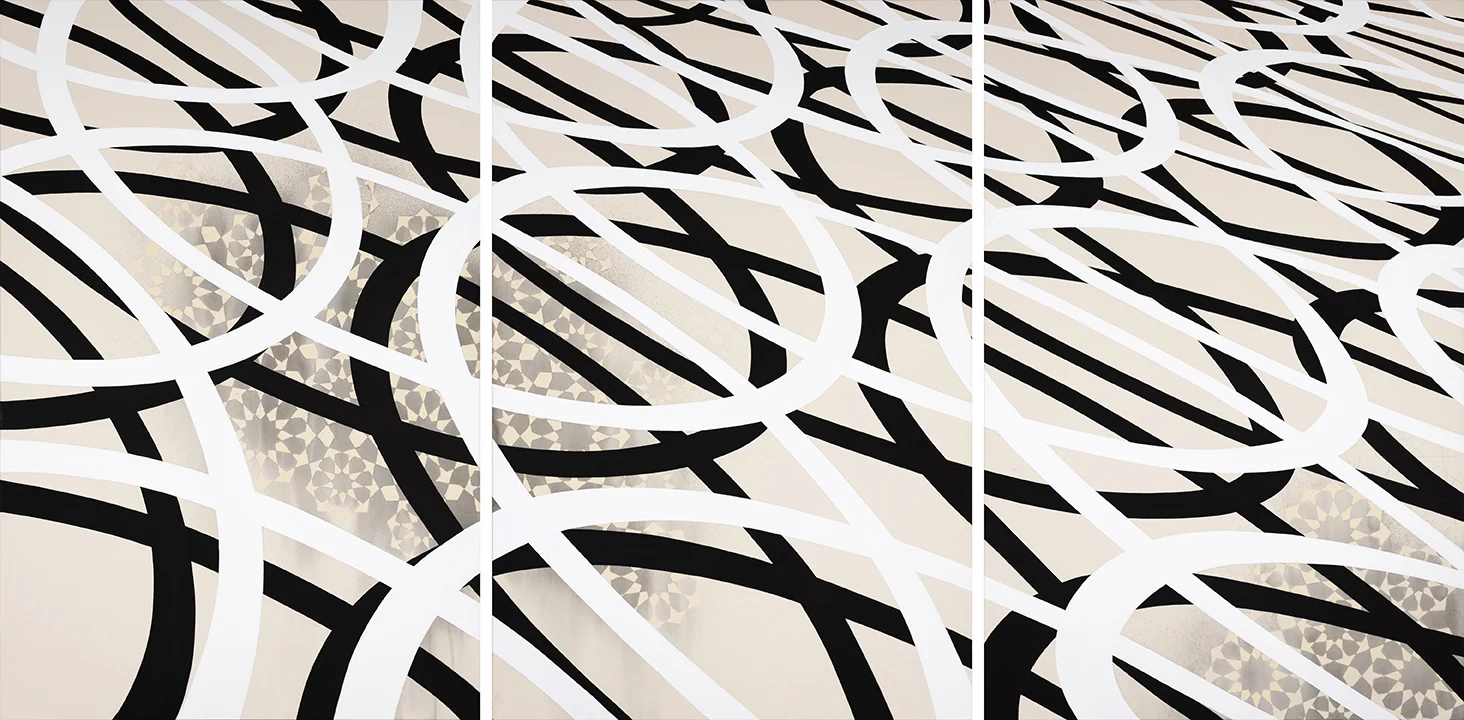 Veda B. Kaya Kalachakra/Wheel of Time (triptych), 2018 acrylic and flashe on canvas 60 x 120 inches / 152.4 x 304.8 centimeters