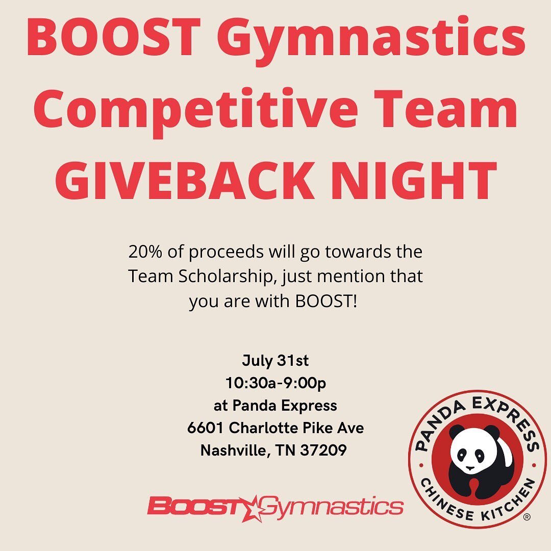 Planning to be at Nashville West for Tax Free Weekend? 🛍 Stop by Panda Express on Sunday July 31st to support the BOOST Gymnastics Team! 

20% of the proceeds will go towards the team scholarship. Just let them know you&rsquo;re there to support BOO