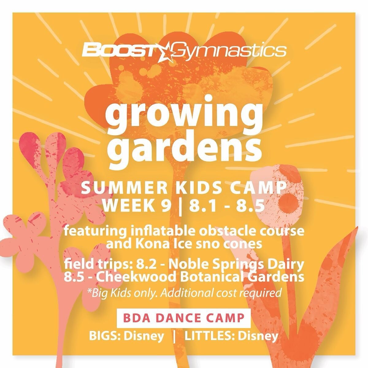 Ready to grow a garden? This weeks camp theme is Growing Gardens! 🌷 We are also taking TWO field trips this week 🤸🏾&zwj;♀️ (bigs only)

Littles (3&amp;4 yr olds) Camp from 9:00a-1:00p 🌻
Bigs (5-12 yr olds) Camp from 9:00a-3:00p 🌻

#boostgymnasti