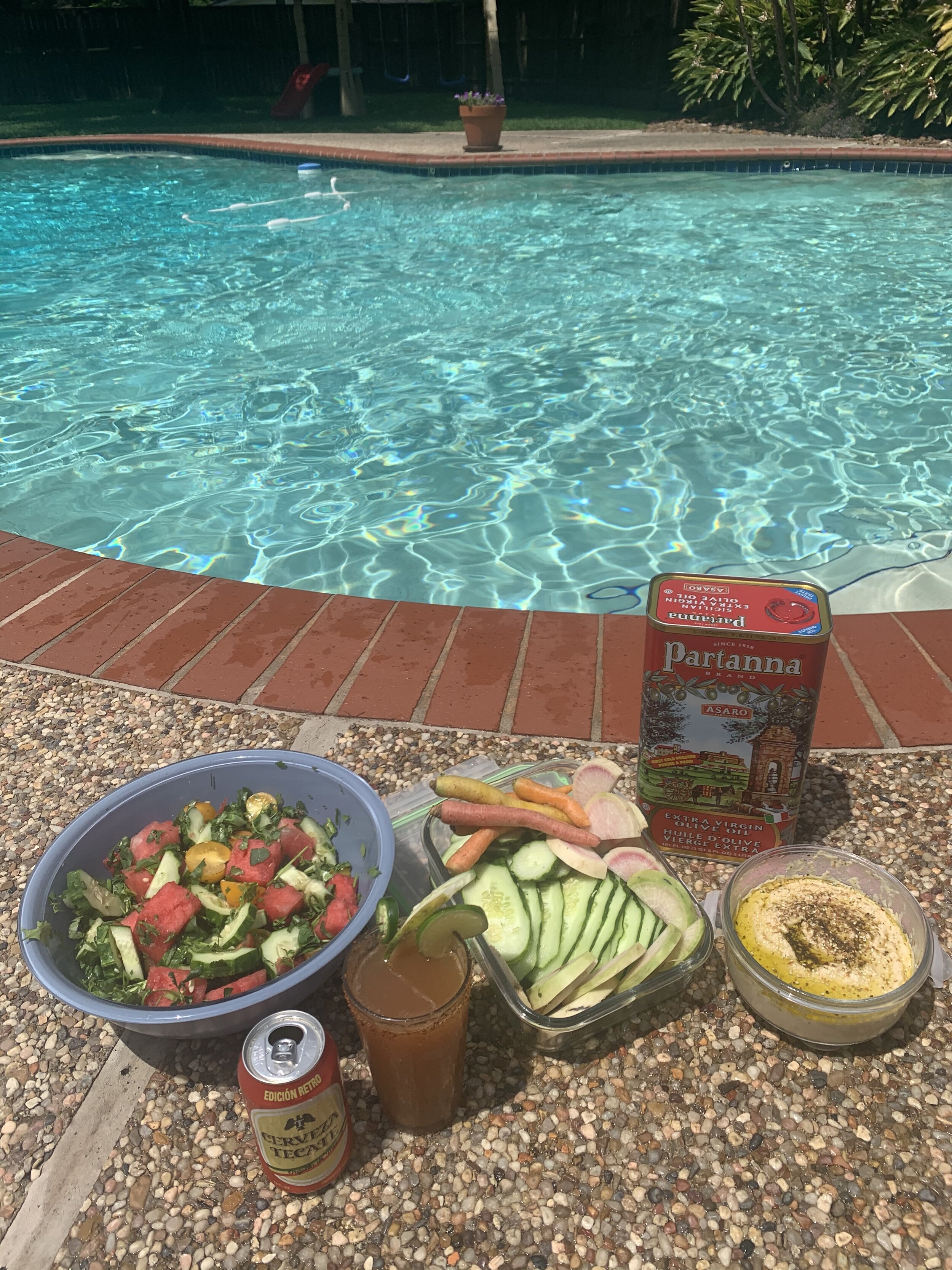 What a spread! Farmer Malone and her family love to snack during pool time.