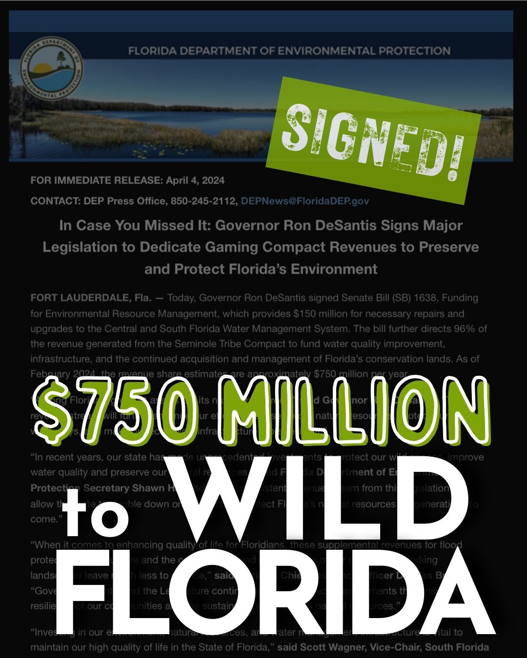 🚨 𝗚𝗢𝗢𝗗 𝗡𝗘𝗪𝗦 𝗔𝗟𝗘𝗥𝗧! 🚨

Governor DeSantis just signed Senate Bill (SB) 1638, which allocates revenue from the Seminole Tribe Compact to Florida land conservation &amp; water quality efforts. Funds are estimated to be approximately $𝟳𝟱?
