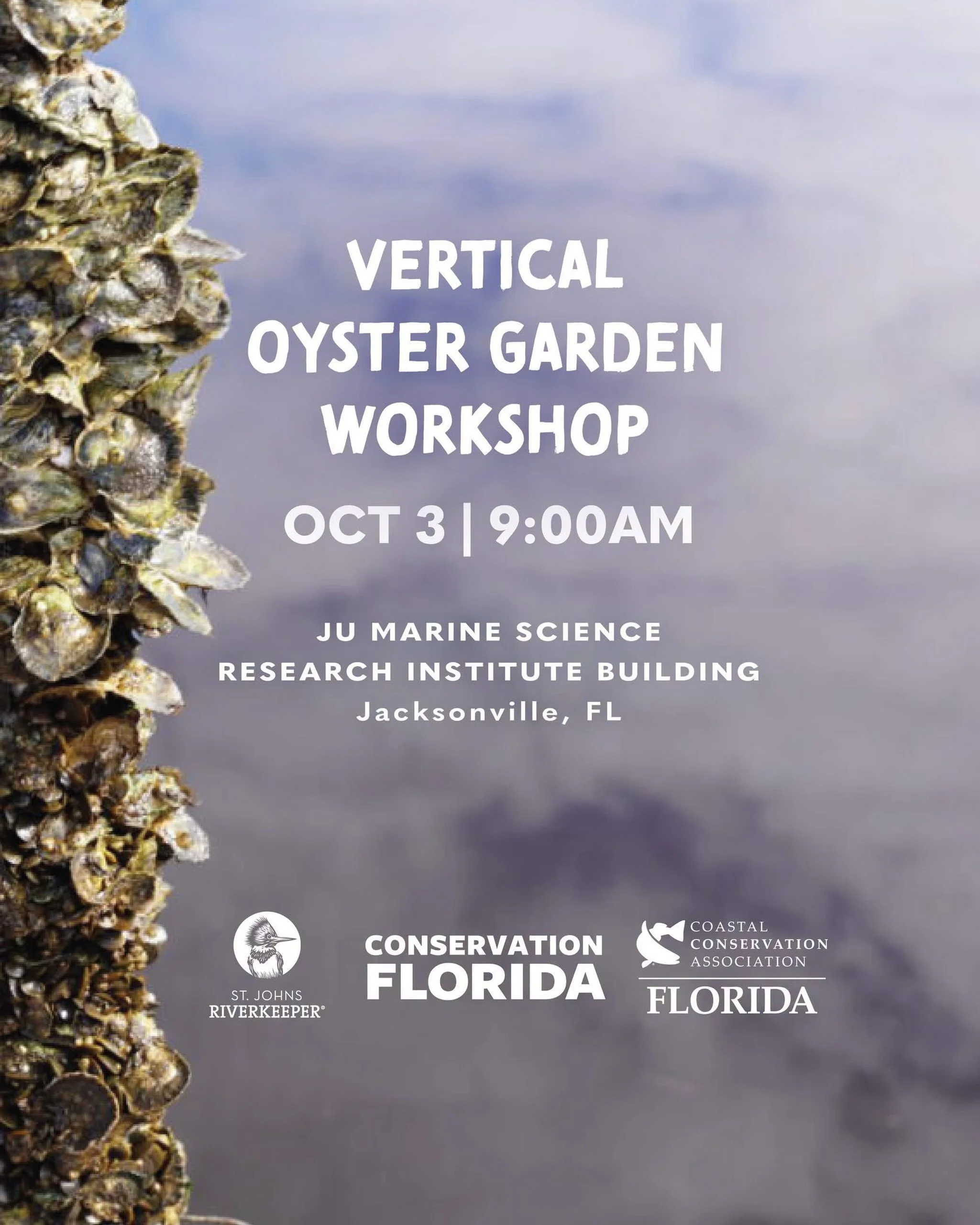 🗣️ Hey 𝗗𝗨𝗨𝗨𝗨𝗩𝗔𝗟! Conservation Florida is partnering with @sjriverkeeper, @cca_florida, and @jacksonvilleu to bring you the opportunity to create vertical oyster gardens right here in the 904!

📍 𝗠𝗮𝗿𝗶𝗻𝗲 𝗦𝗰𝗶𝗲𝗻𝗰𝗲 𝗥𝗲𝘀𝗲𝗮𝗿𝗰𝗵 