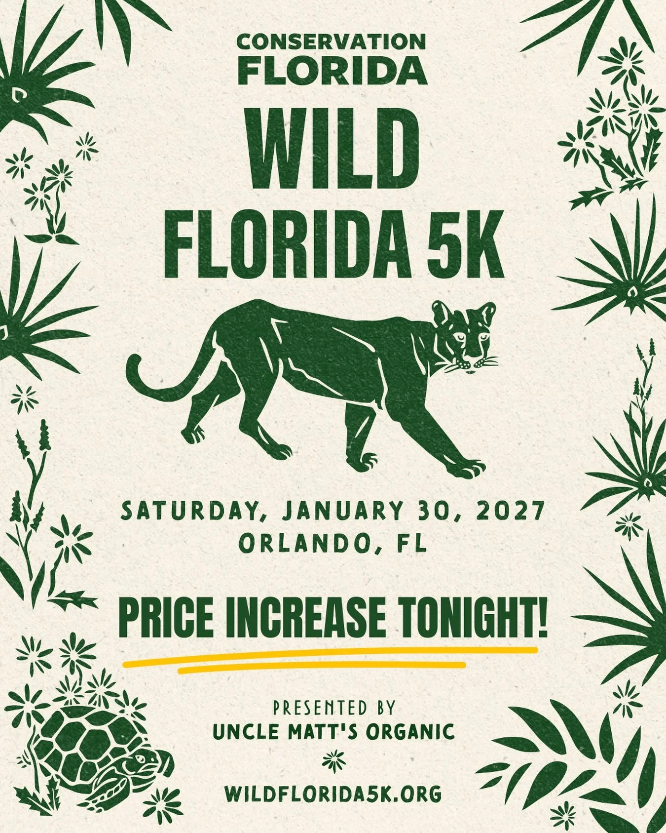 ❗Wild Florida 5K registration prices increase 𝗧𝗢𝗡𝗜𝗚𝗛𝗧, September 30 at 11:59 PM❗ Snag the lowest price before the clock hits midnight >>> wildflorida5k.org

Gather your wild crew and get ready to run, walk, skip, or dance your way acr