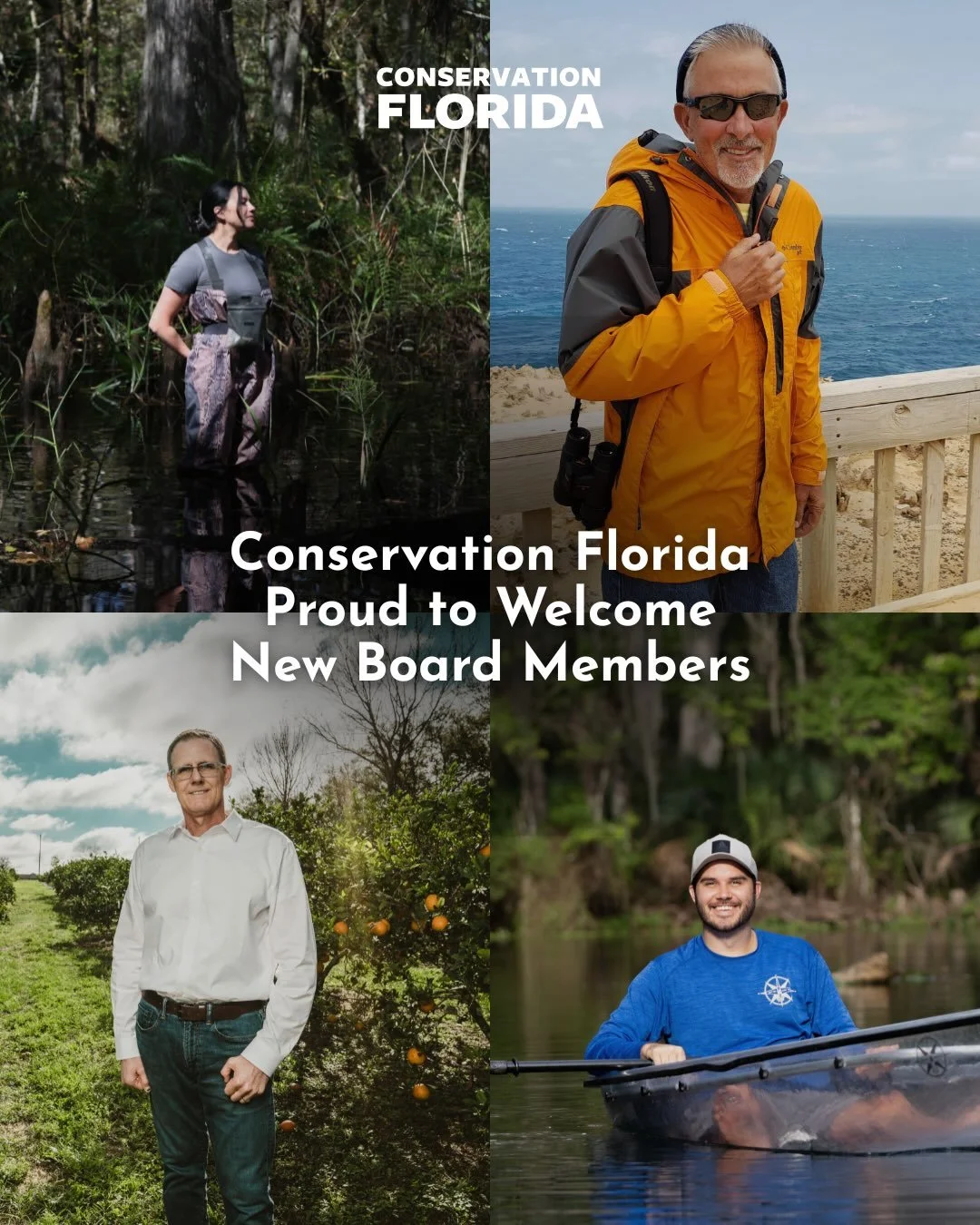 Exciting news! 🎉 Please join us in giving a warm welcome to our new members of the Conservation Florida Board of Directors!

Justin Buzzi, Diamond Rose Bergeron, Matt McLean, and Daniel Button are not only exemplary in their fields - they&rsquo;re F