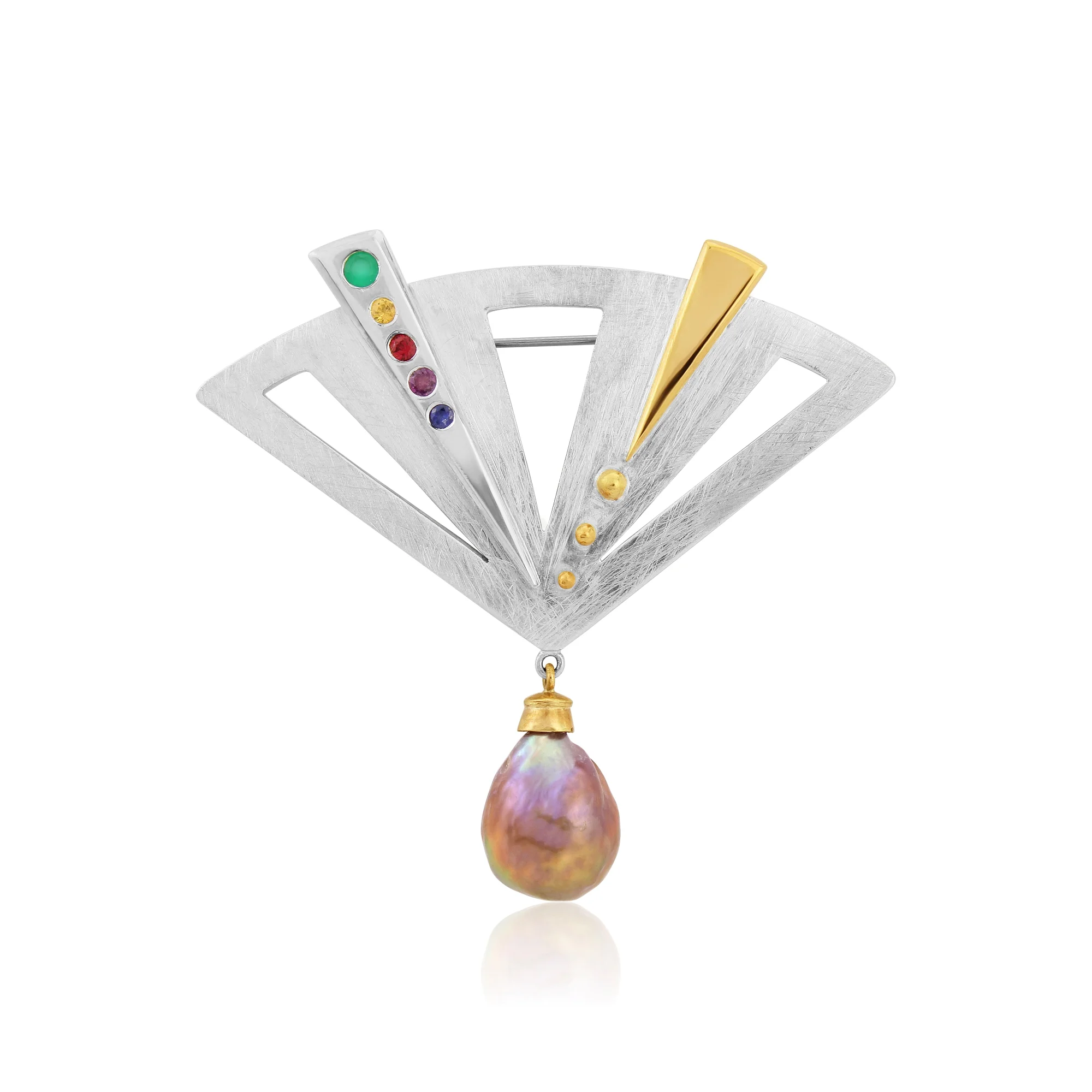 Natural freshwater pearl with a lovely metalic lustre, this brooch is set with Sapphires and Emerald with yellow gold accents that really compliments the colours in the pearl this is a brooch AVAILABLE