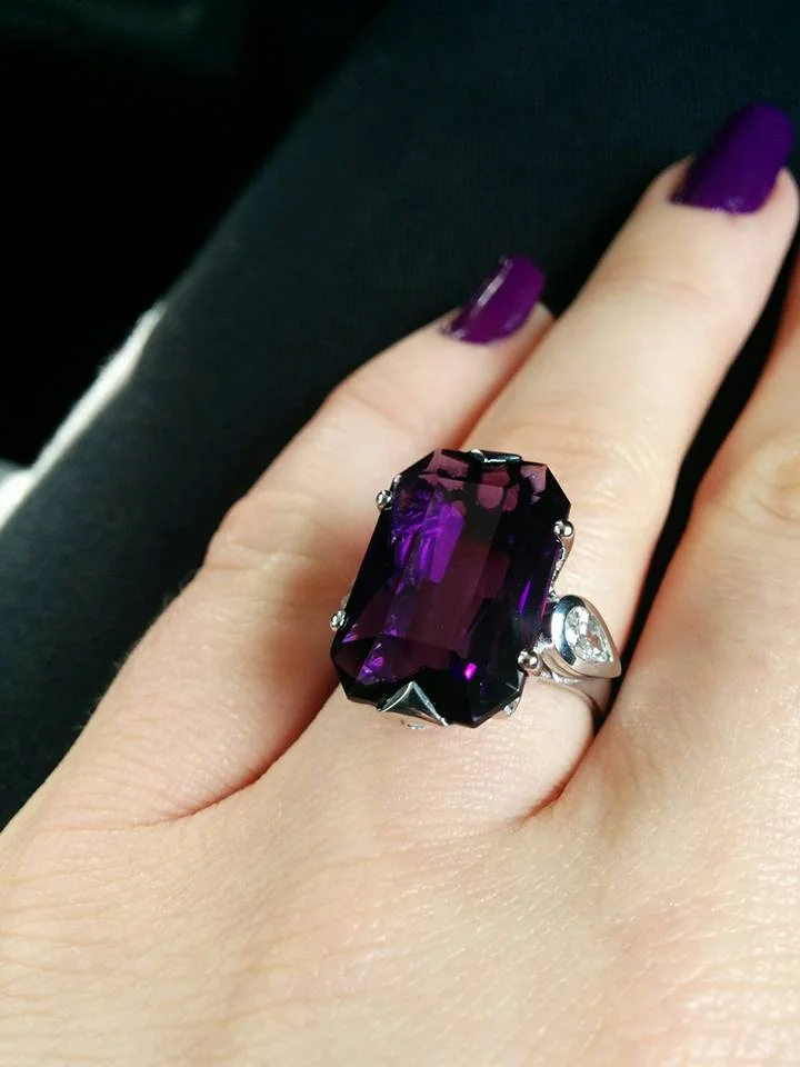 Clients own design as close as possible in 18ct white gold, with an incredible amethyst I purchased by chance, a stunning african stone approx 11ct with pearshape diamond accents fvvs 0.25ct