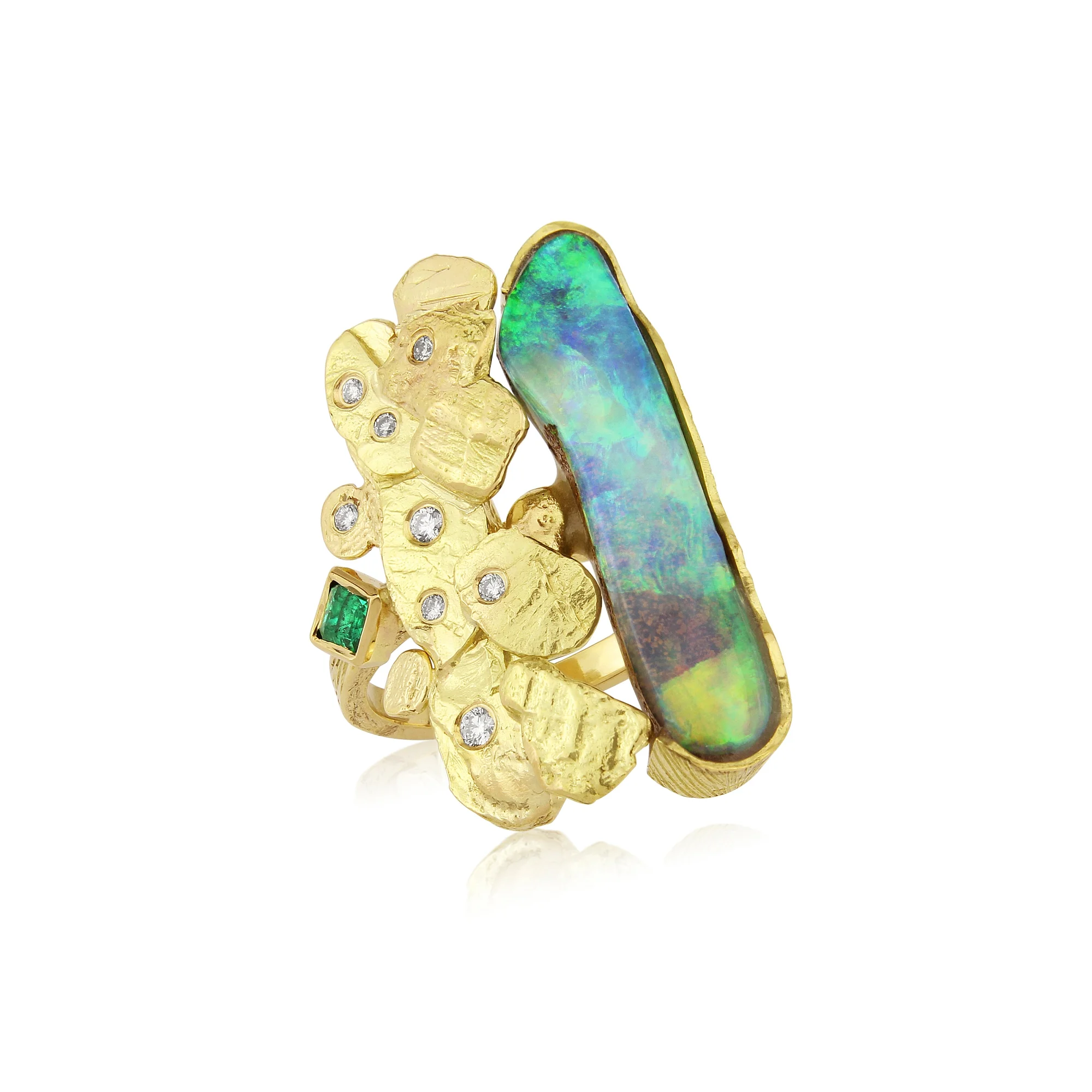 Australian boulder opal dress ring mounted in 18ct gold and set with Colombian emerald and diamonds.