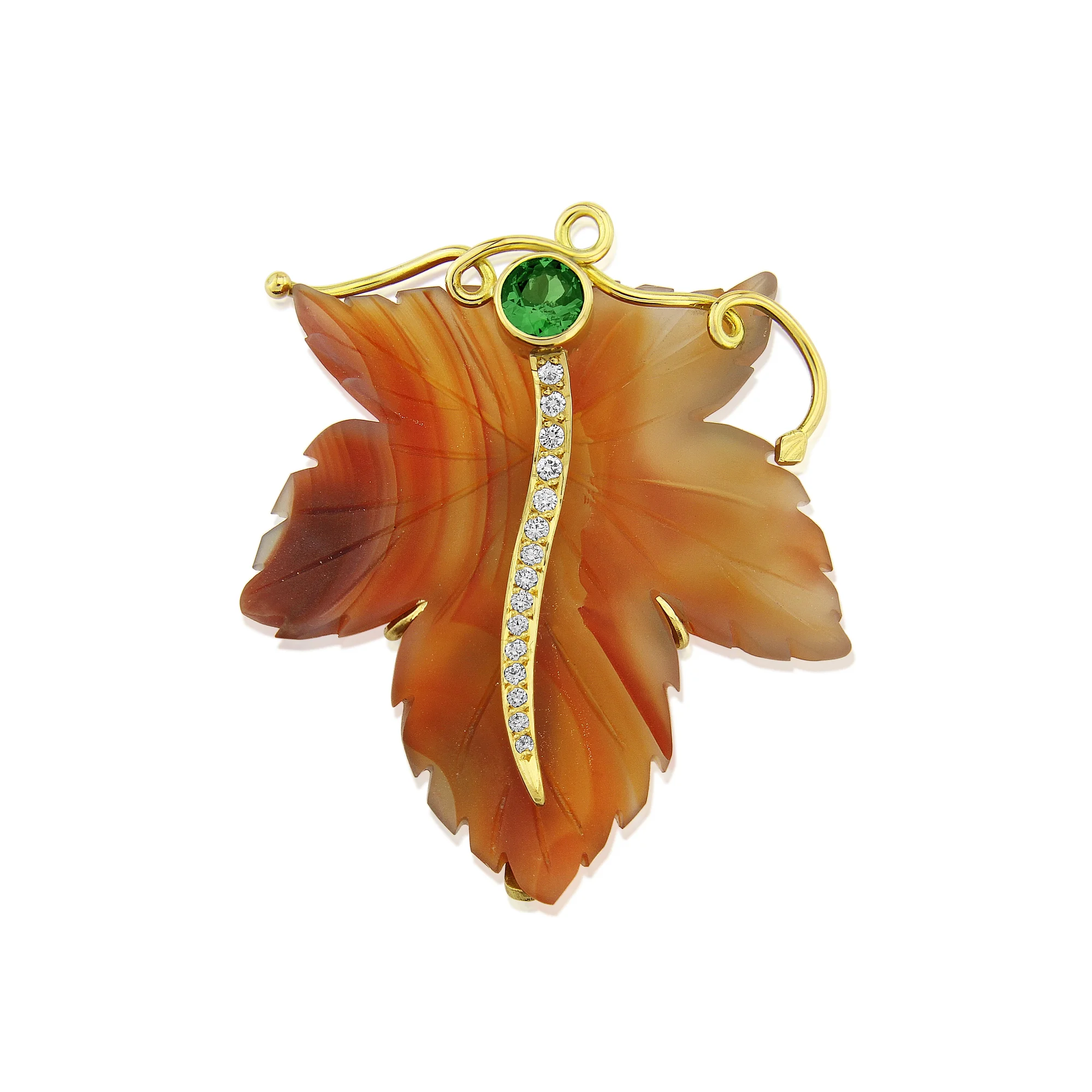 Top quality carved Agate leaf Brooch hand made in 18ct Gold and set with diamonds and a Tsavorite garnet,beautiful colours for the Autumn.