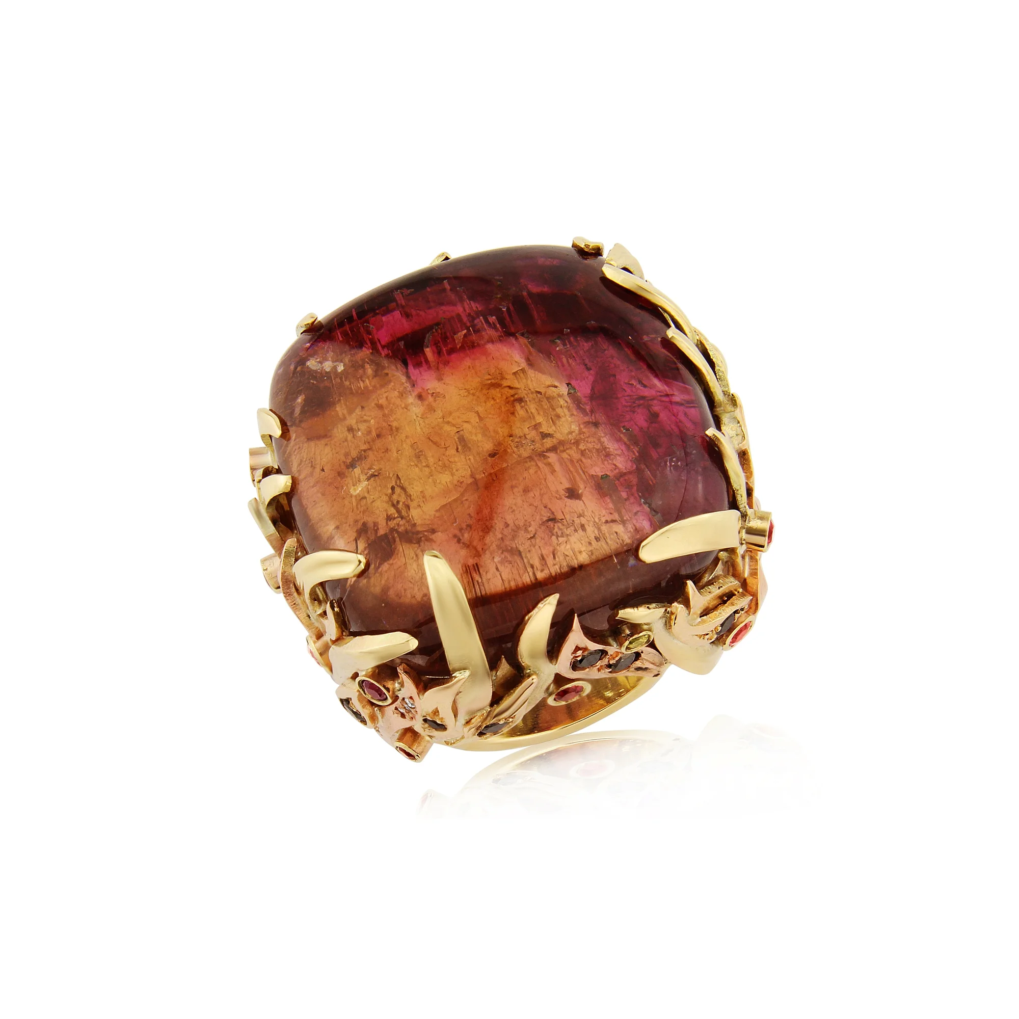 Super Fiery red/orange Tourmaline set in a large gold dress ring surrounded by coloured Sapphires, black and white Diamonds designed and hand made by Quo Vadis Jewellery.