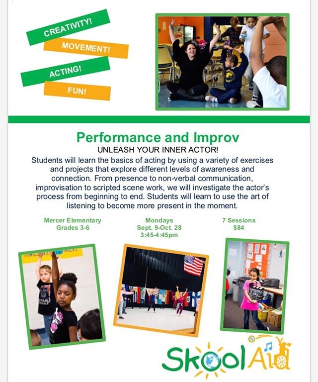 IMPROV🎩, DRUMS🥁, NATURE🍁!! OH MY🤩!! We are so excited to announce our Fall programs for Mercer Elementary!!! Register now at skoolaid.com!  #foresthill #mercer #nature #drums #improv #skoolaid