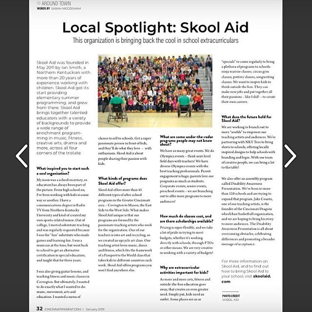 Published today, Skool Aid has been featured in Cincinnati Parent&rsquo;s Magazine! 
Skool Aid is about people sharing their passions with kids. That&rsquo;s how we&rsquo;ve been in 108 schools in the last year alone. We couldn&rsquo;t be here if it 