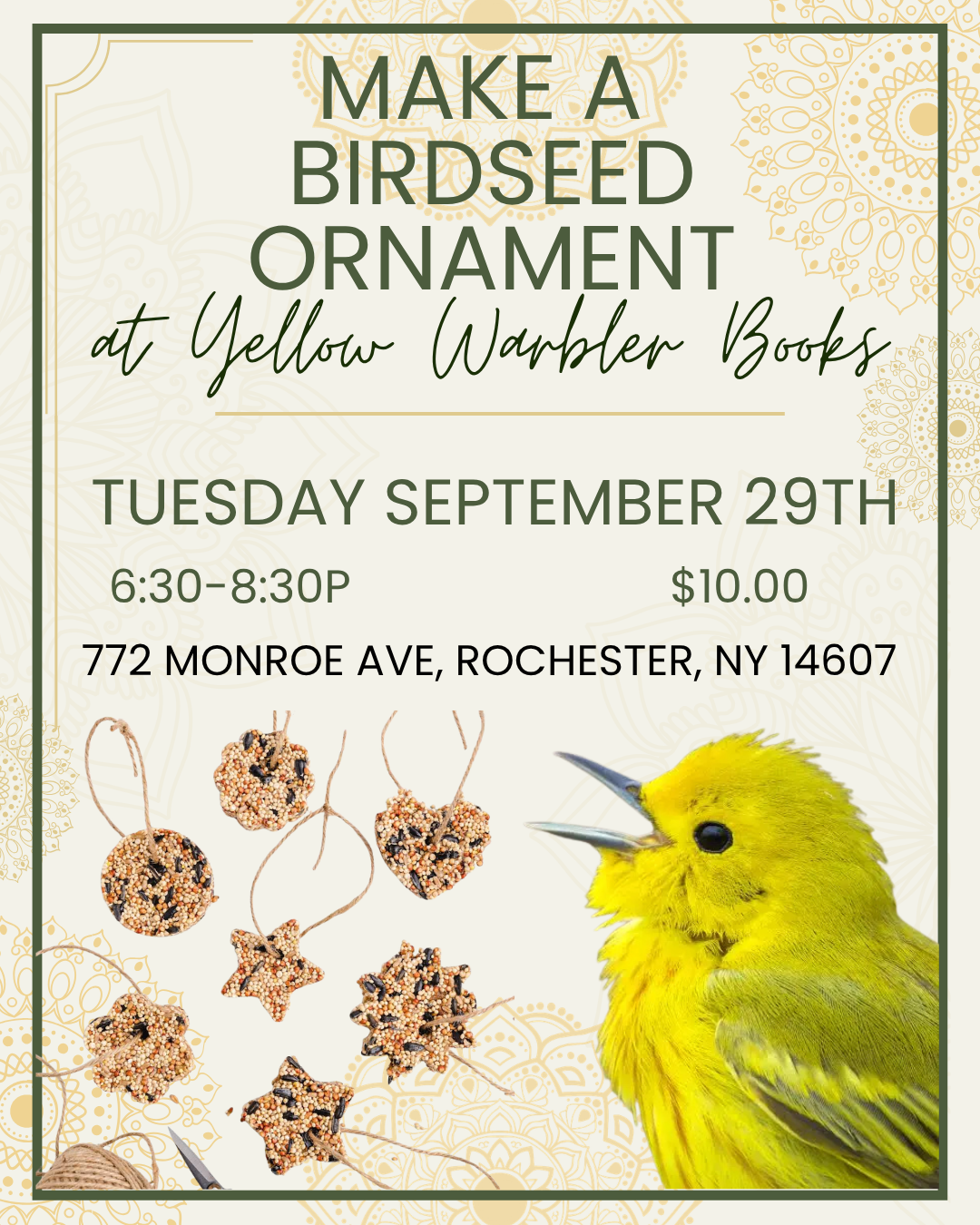 Birdseed Ornament Workshop at Yellow Warbler Books