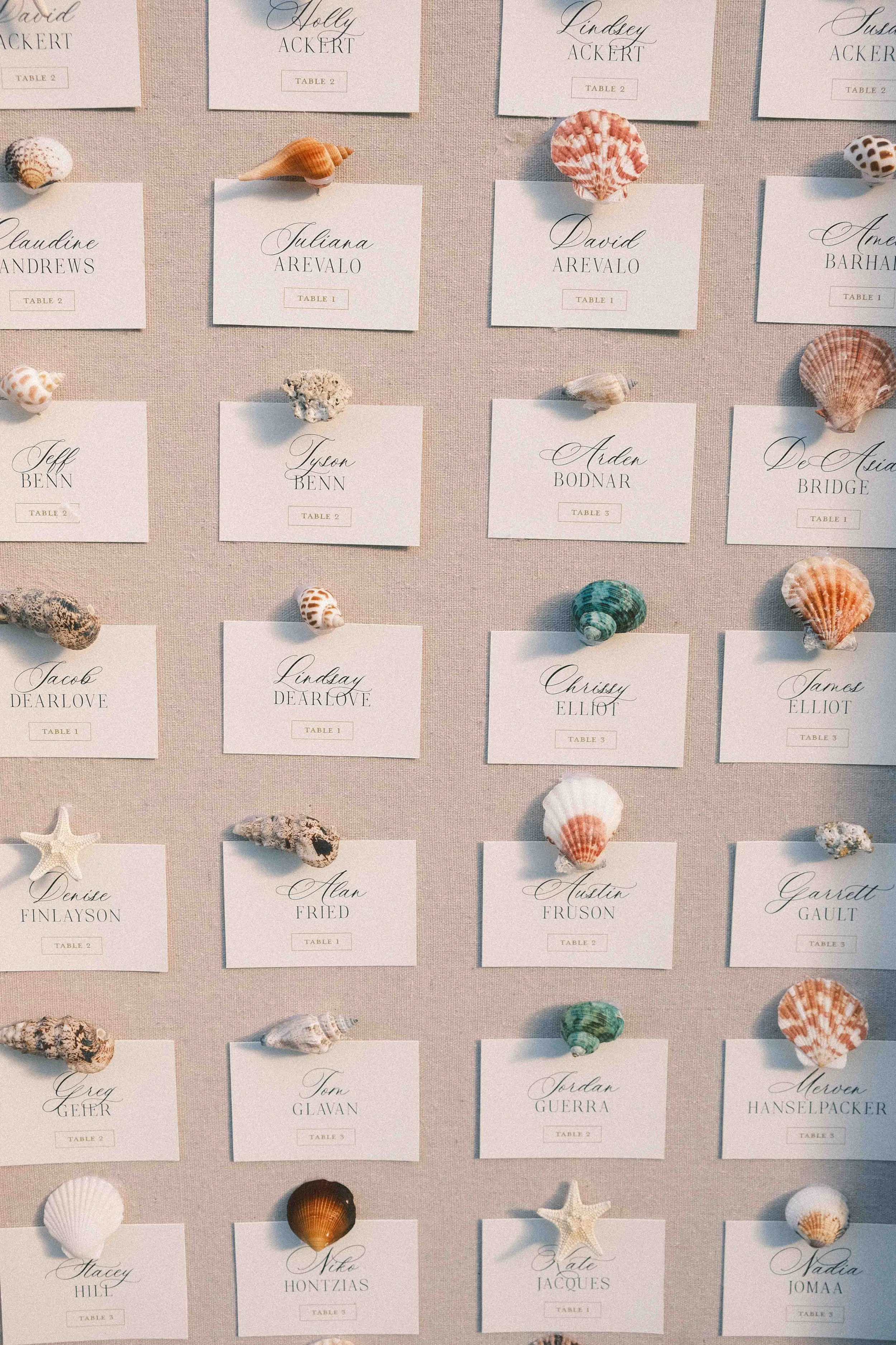 shell beach themed wedding seating chart