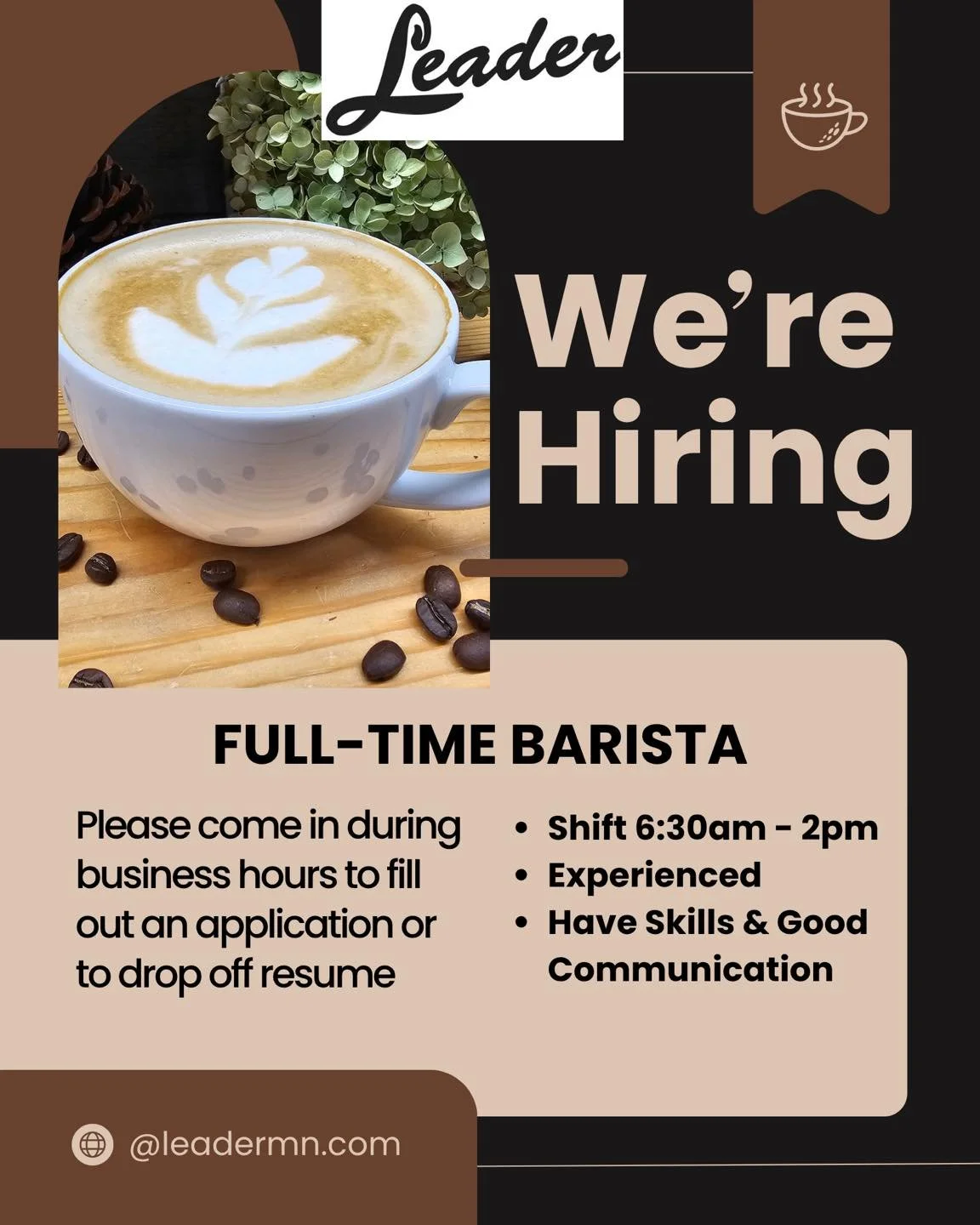 Business is picking up in Orley&rsquo;s Market. 💨 Please pass this post along &amp; help us find some new additions to our team. 😊☕️ 
.
.
. 
.
#orleysmarket #leader1918 #coffeelover #mncoffee #mncoffeeshop #coffee #coffeeflights #coffeeflight #isan