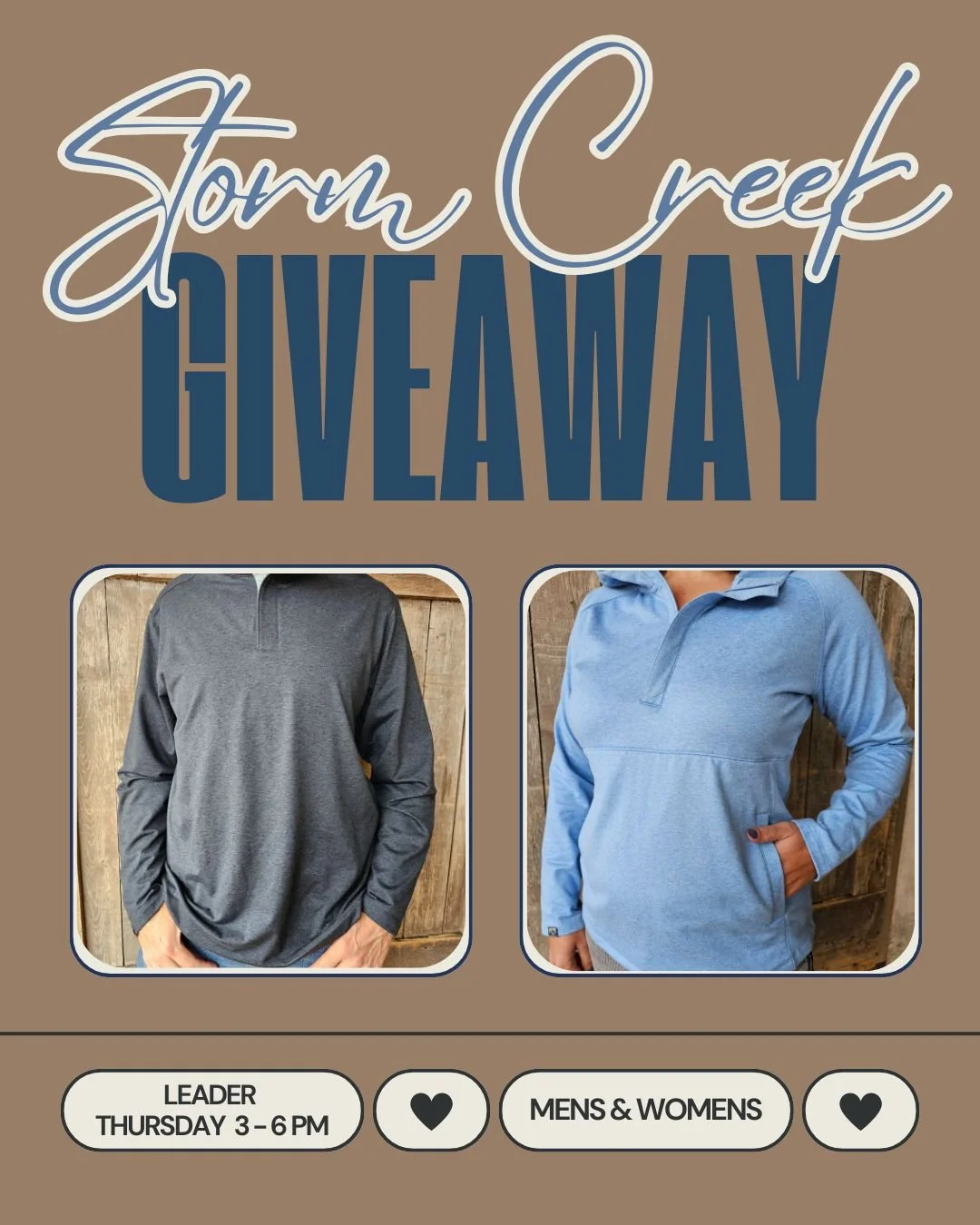 Mark your calendar for this THURSDAY in the Retail!

Extended hours : OPEN until 6pm 🕕

From 3 - 6pm:
SHOP our NEW FALL ARRIVALS
Enter a RAFFLE to win an apparel item of your choice - his &amp; hers tops from Storm Creek!
Try market samples 💫
Enjoy