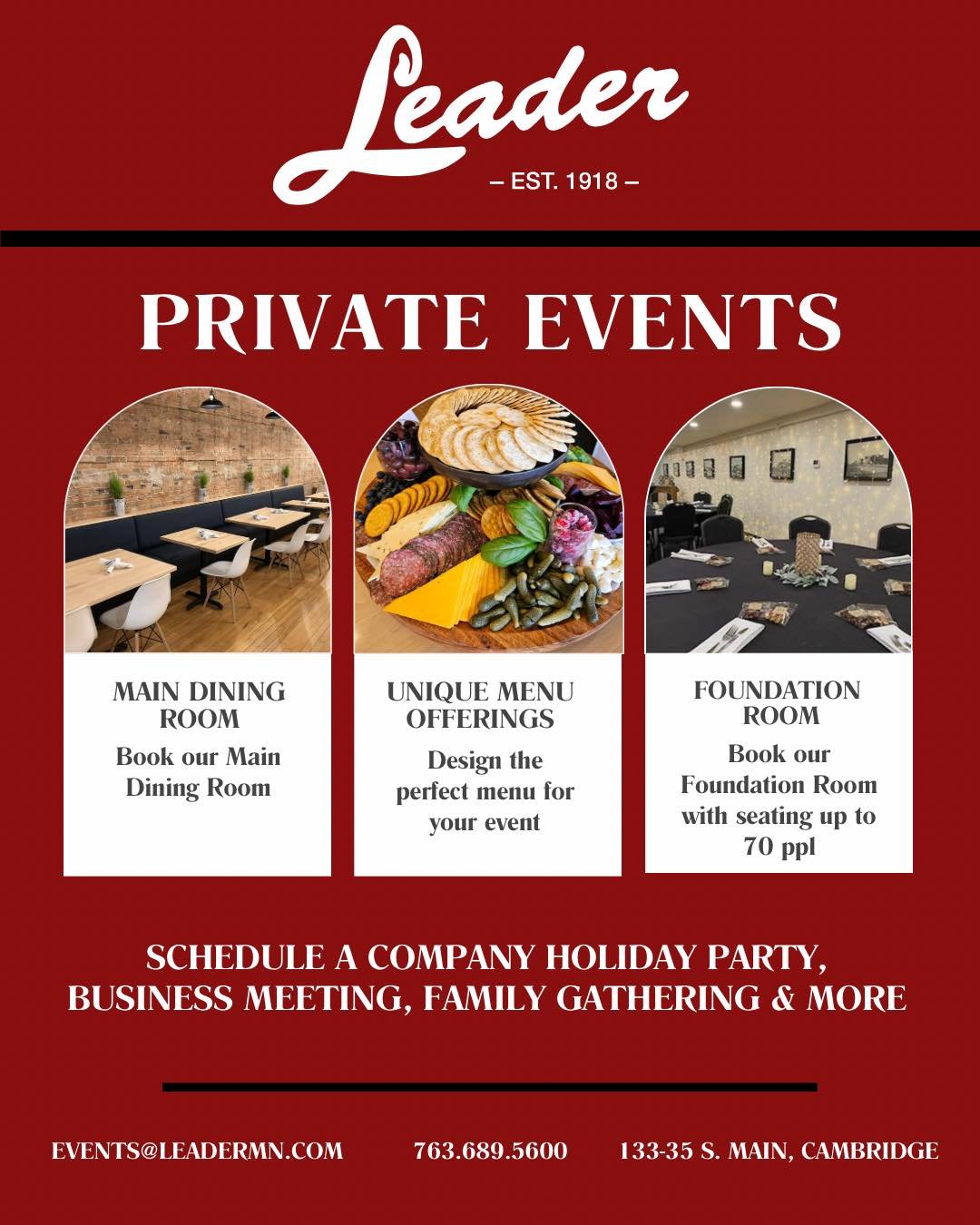 Celebrate the holiday season at 
𝓛𝓮𝓪𝓭𝓮𝓻 ✨ 
.
.
.
.
#mplsfood #MnEats #leader1918 #mnrestaurants #mnchefs #cambridgemn #mneats #isantimn #dinnerisserved #mplschef #mplsfoodie #getinmybelly #private #events #privateeventspace #privateevents