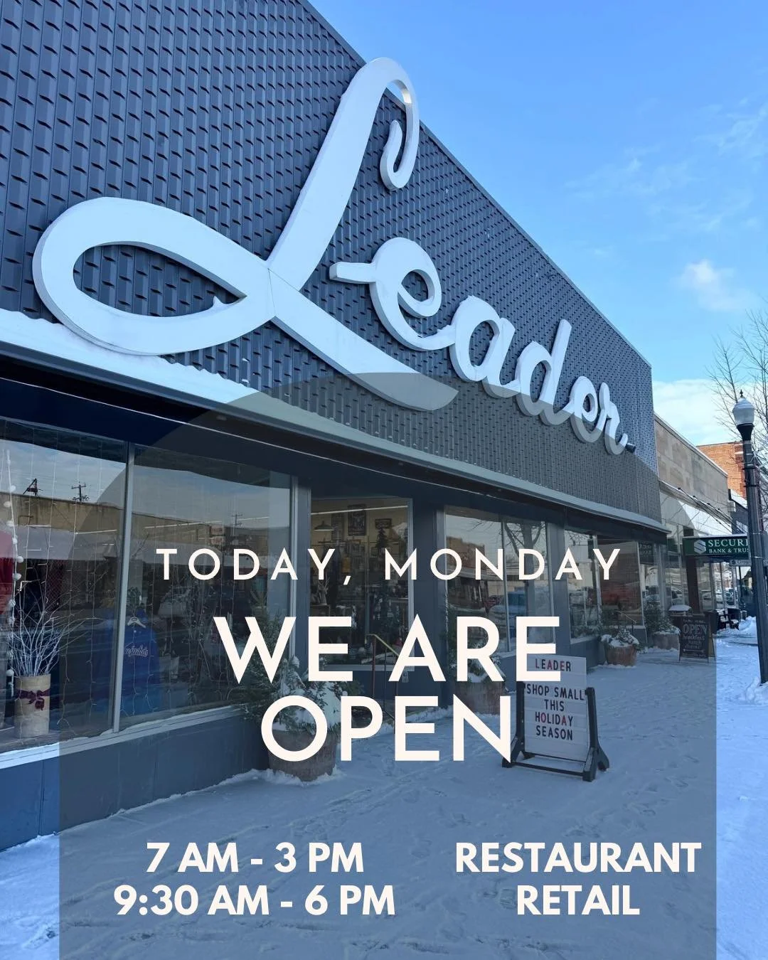 We are OPEN !

Restaurant 7am - 3pm
Retail 9:30am - 6pm
We can help you find that special gift 🎁 
.
.
.
.
#mnsmallbiz #mnshopsmall #leader1918 #mnboutique #boutique #mnlocalbusiness #cambridgemn #mnlocal #mnshop #mnsmallbusiness #mnboutiques #votedm
