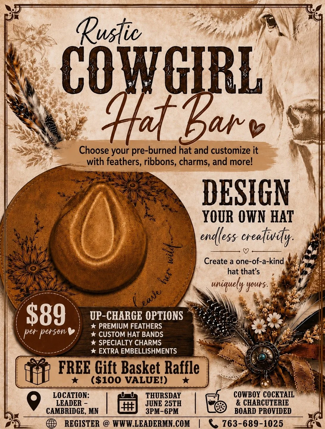 Join us at 𝓛𝓮𝓪𝓭𝓮𝓻 for this pre-ticketed event just in time for the Rodeo! 🐎 

⭐️ Thursday, June 25th  3 - 6pm ⭐️ 

&bull; Create a custom cowgirl hat
&bull; Cowboy cocktail / mocktail
&bull; Chef&rsquo;s charcuterie board
&bull; Enter our 𝓡𝓪