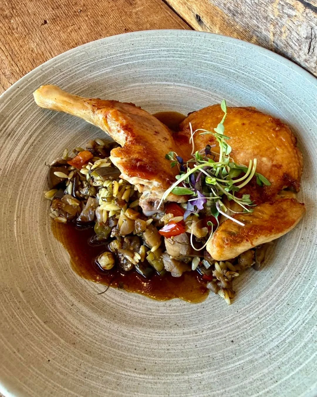 This dish definitely deserves its own post ~

𝓑𝓻𝓲𝓬𝓴 𝓒𝓱𝓲𝓬𝓴𝓮𝓷

&bull; half roasted bone in chicken
&bull; eggplant
&bull; caponata
&bull; orzo roasted chicken glac&eacute;

The flavors are divine! 🙌 
&hellip;&hellip;&hellip;&hellip;&hellip
