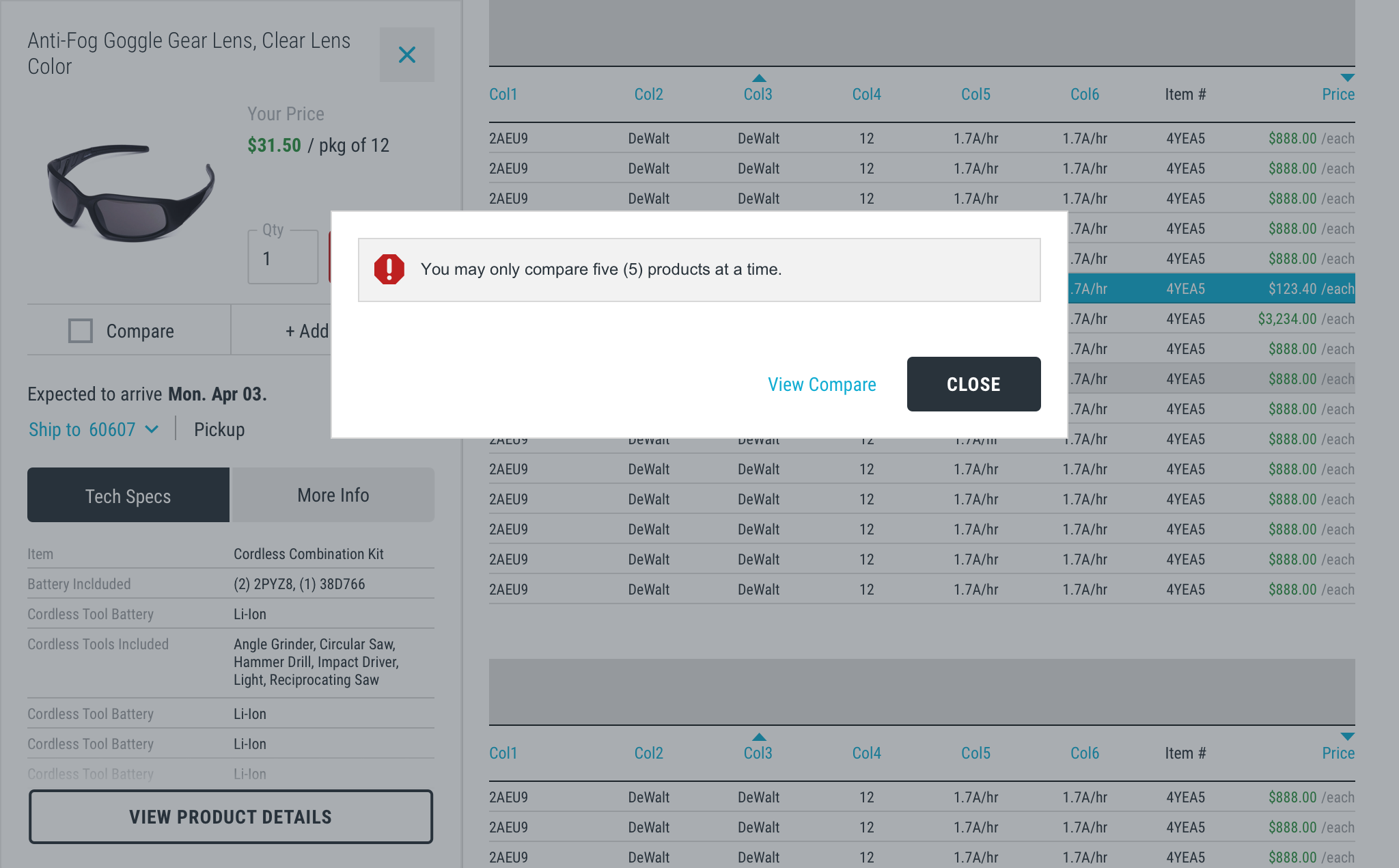 Compare - Max Number of Products Error Messaging Modal