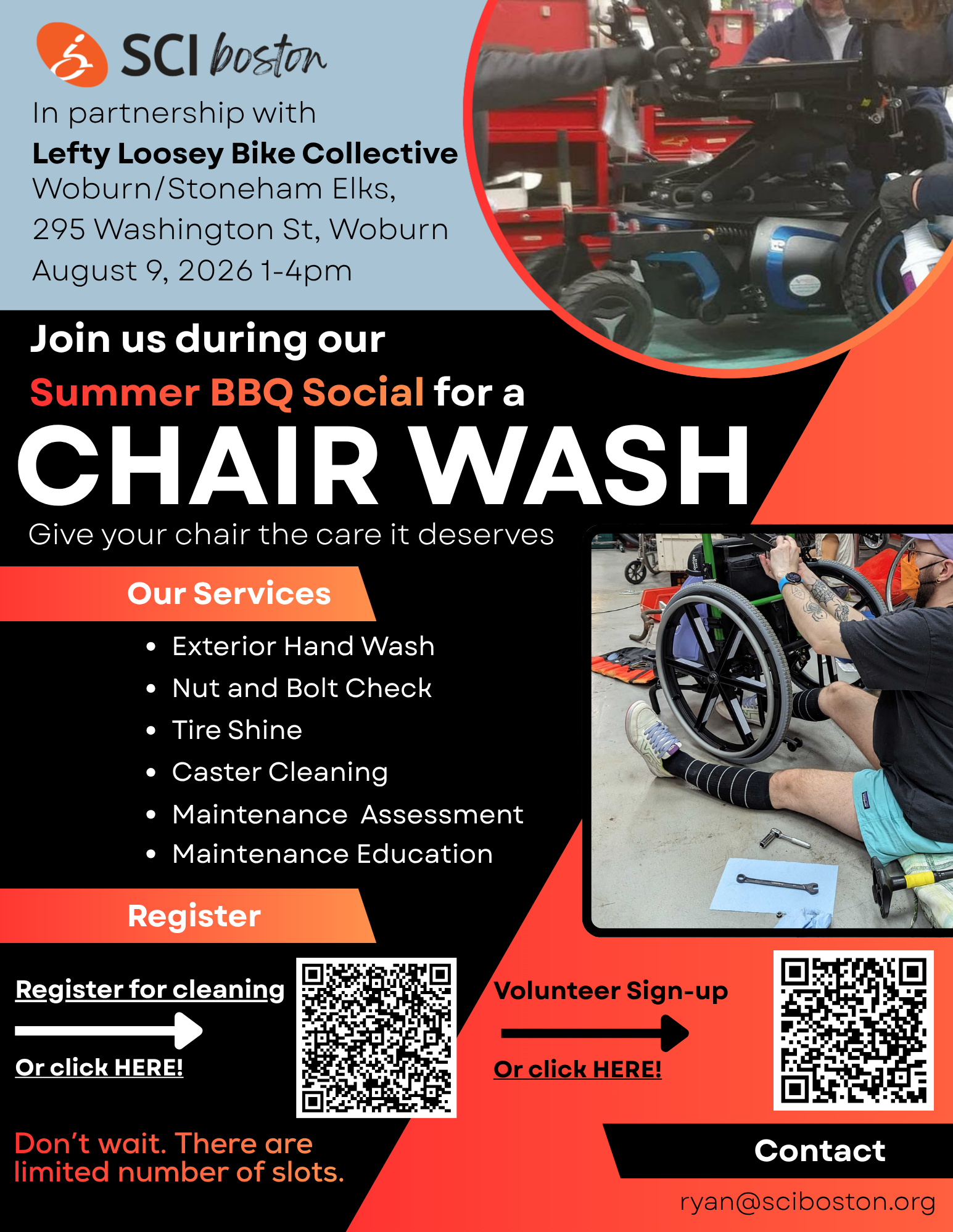 Image ID: multi colored background with pictures of people cleaning wheelchairs. Join us during our summer BBQ social for a chair wash.  August 9, one-4 PM at Uber in Stoneham elks. Register or volunteer click here