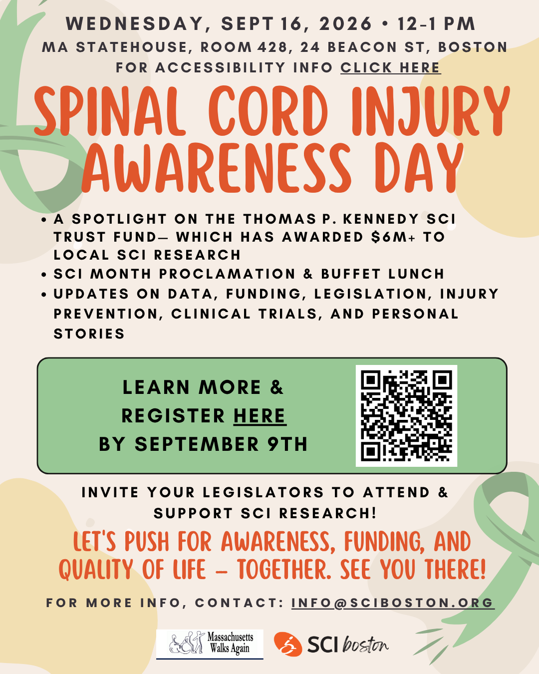 ID: multi colored background flyer with green ribbons. Wednesday, September 16, 2026 12-1 PM M State House. SCI awareness day. Click on flyer to learn more