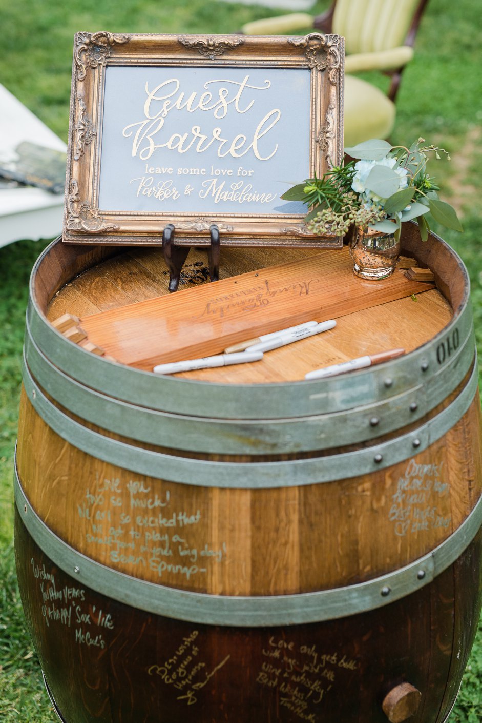 Navy blue and gold calligraphy guest barrel sign for a wedding at Seven Springs Farm in King William County Virginia as shot by Caiti Garter Photography.