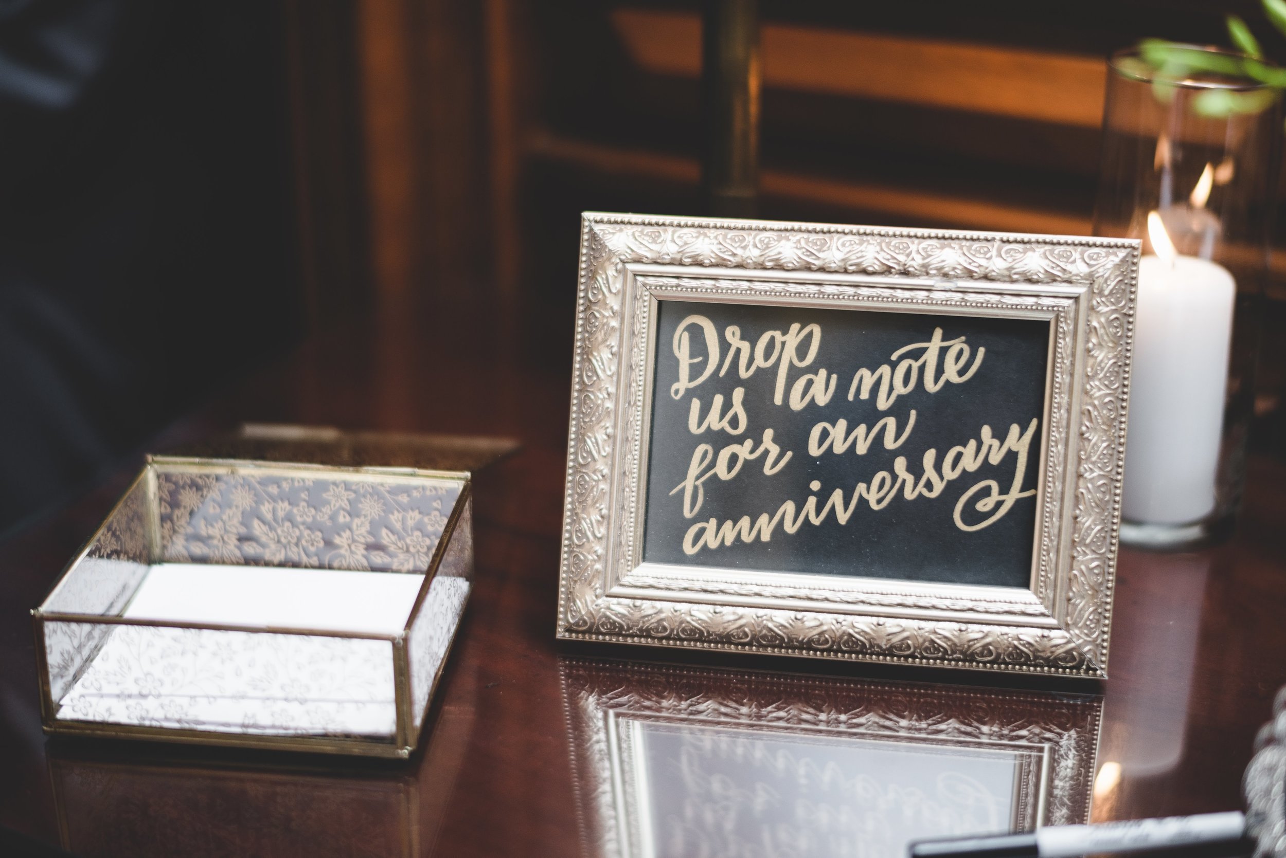 Calligraphy anniversary sign for wedding at Bolling Haxall House in Richmond Virginia as shot by Jason Collins Photography.