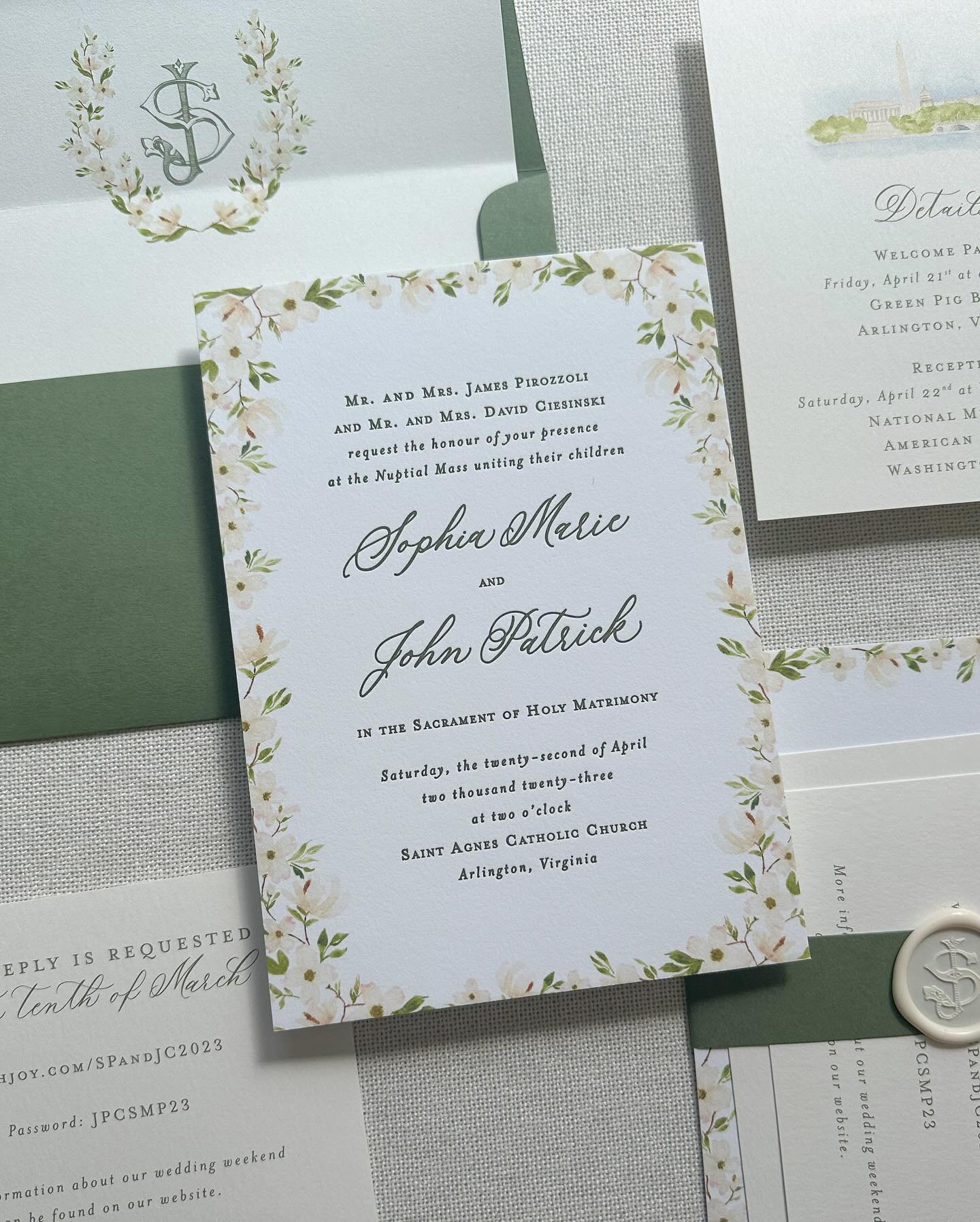 Happy first anniversary to S&amp;J! Their suite was an ode to spring, featuring watercolor dogwood and magnolias. Other details included letterpress invitation card, wax seals with custom monogram and a watercolor of the DC skyline on their detail ca