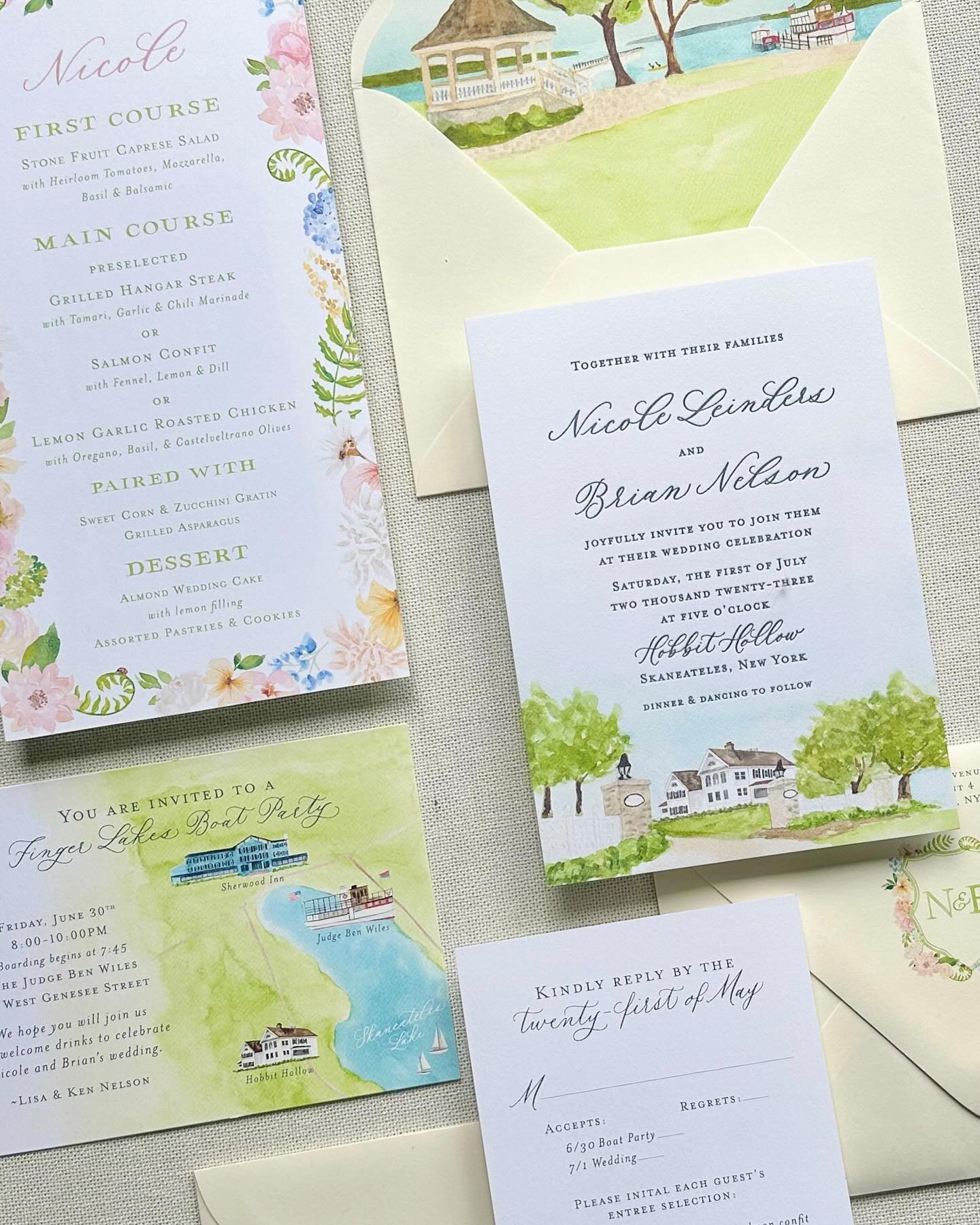For N&amp;B&rsquo;s wedding this past July. Customs watercolor venue illustration, letterpress, custom map and the brightest florals for their dinner menus 🌸🌼