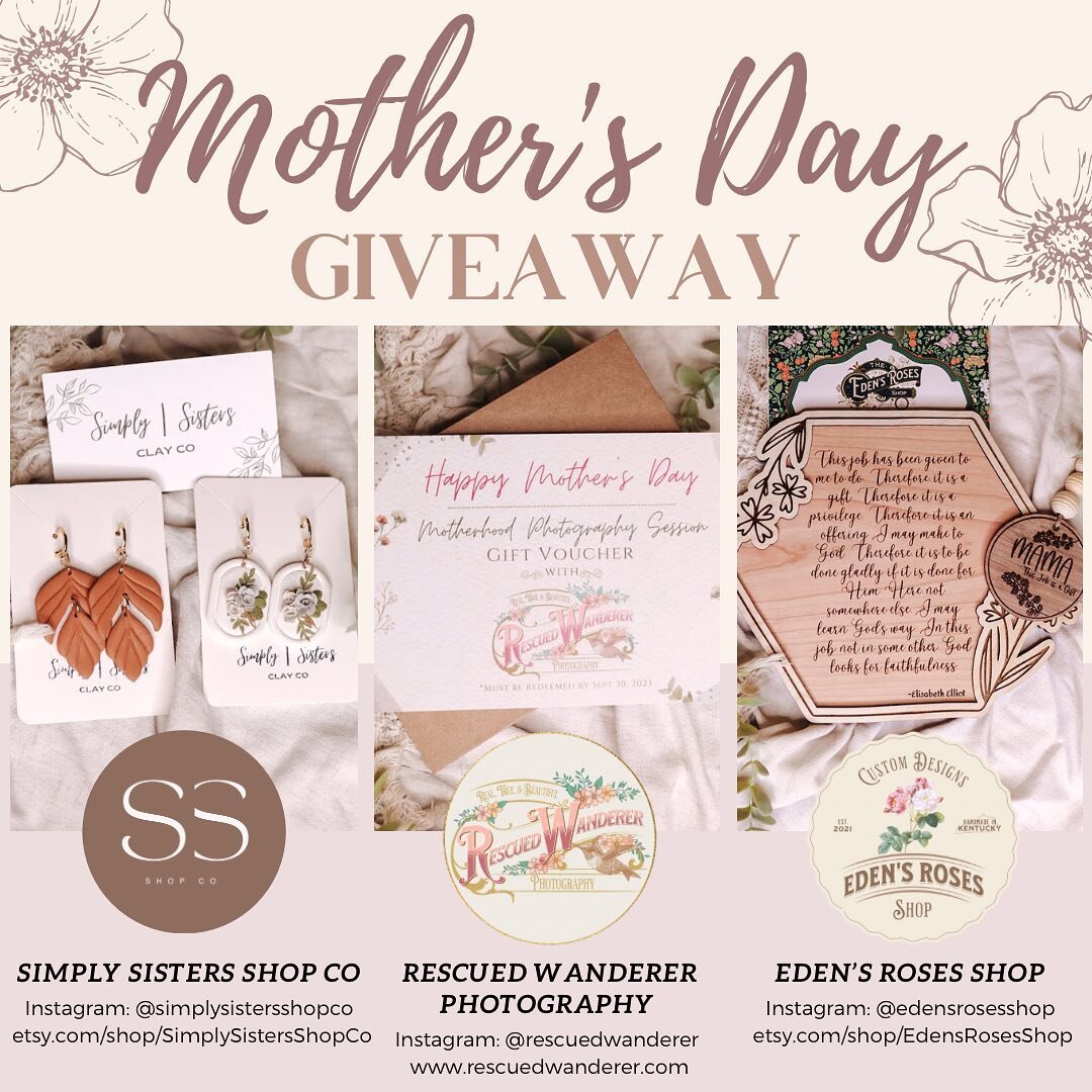 Who is ready for a Mother's Day Giveaway?! 🌸

These 3 Small Businesses teamed up to do this amazing Mother's Day Giveaway! 

@rescuedwanderer :20 Min Mommy + Me Session with 30+ Edited Images in a Personalized Online Gallery

@simplysistersshopco :T
