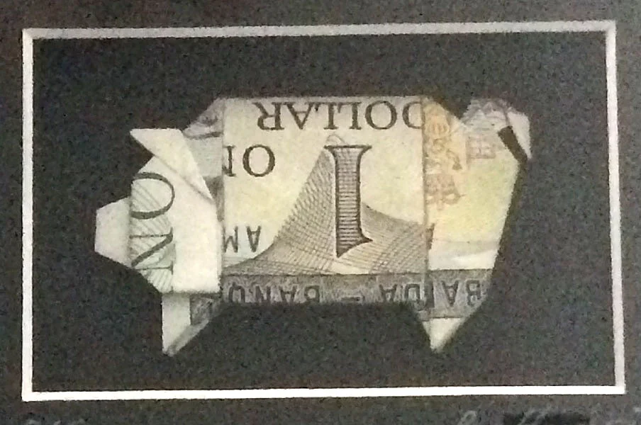 Ba-Hung Tran origami $ bill pig, framed