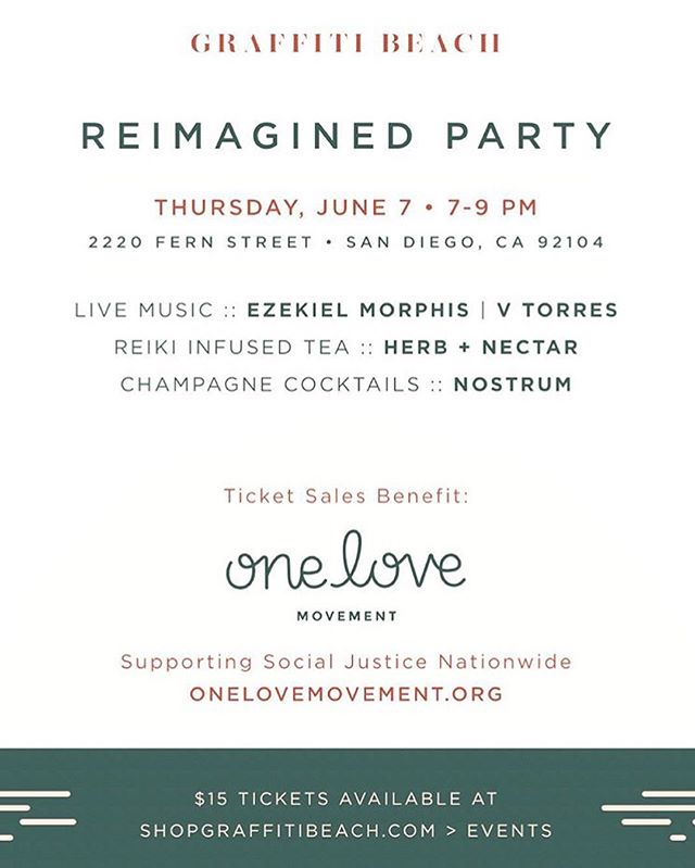 San Diego, I am playing @graffitibeach REIMAGINED Party next Thursday 6/7 along with the incredible @ezekielmorphismusic ... champagne 🍾 cocktails @_nostrum + tea by @herbandnectar ... tickets are $15 and benefit @onelovemovementorg ... I&rsquo;ll b