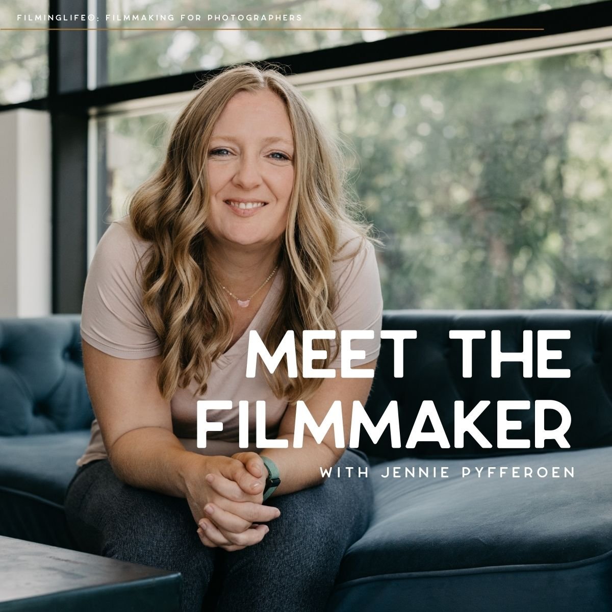 Nashville Family Filmmaker & Photographer Jennie Pyfferoen sits on a lounge, leaning forward with her hands clasped, smiling at the camera. She has blonde hair and is wearing jeans, a light coloured t-shirt and a gold necklace.