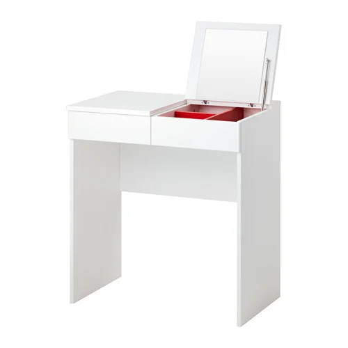 IKEA BRIMNES dressing table,   $229  If you value minimalism above all else, the BRIMNES is the one for you. It has a storage box to organise your brushes and palettes and it also has a folding mirror. You can fold it when you don't need to use it and it will blend in the background.