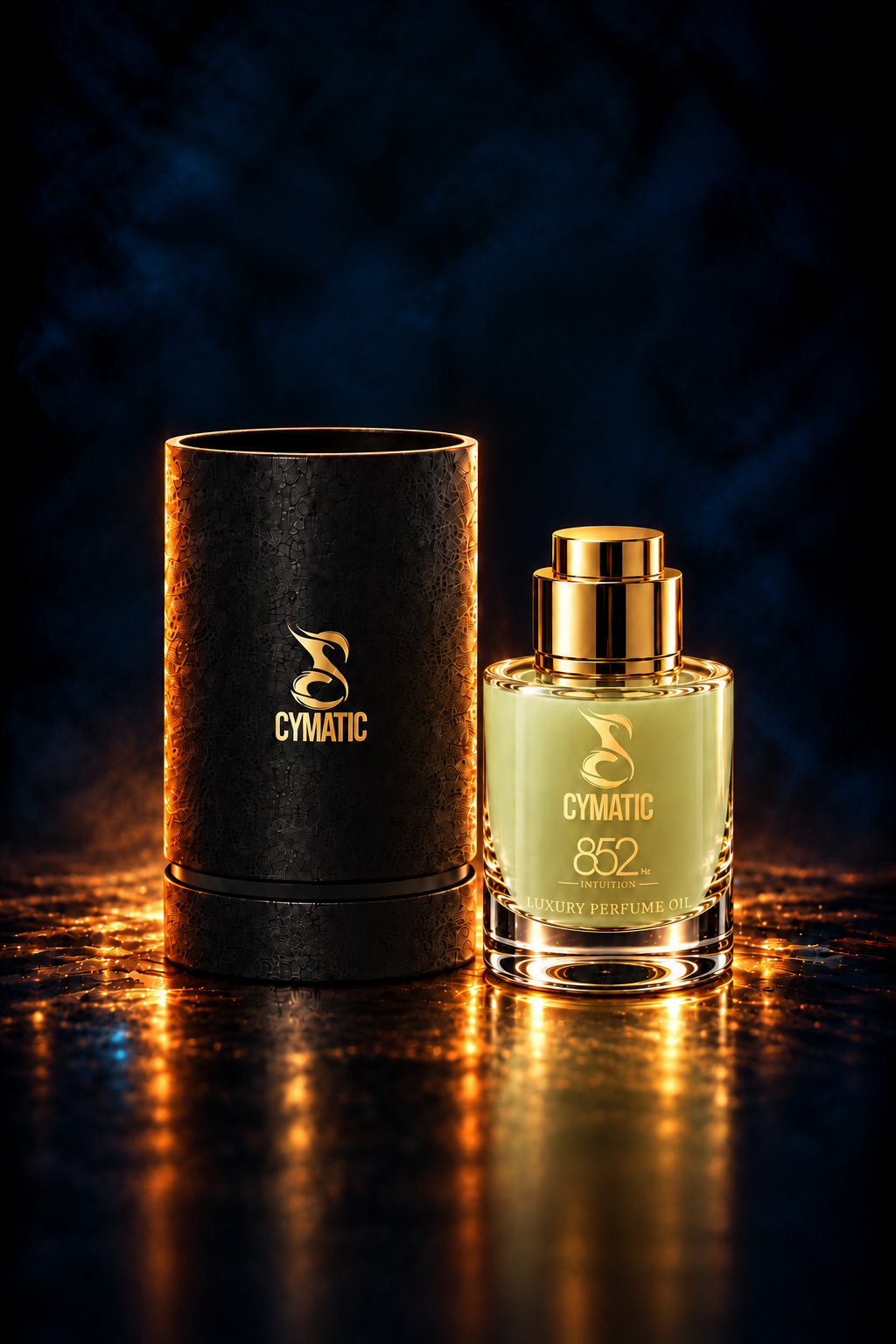Cymatic 852 Intuition perfume oil bottle with gold cap beside black cylindrical packaging with warm lighting.