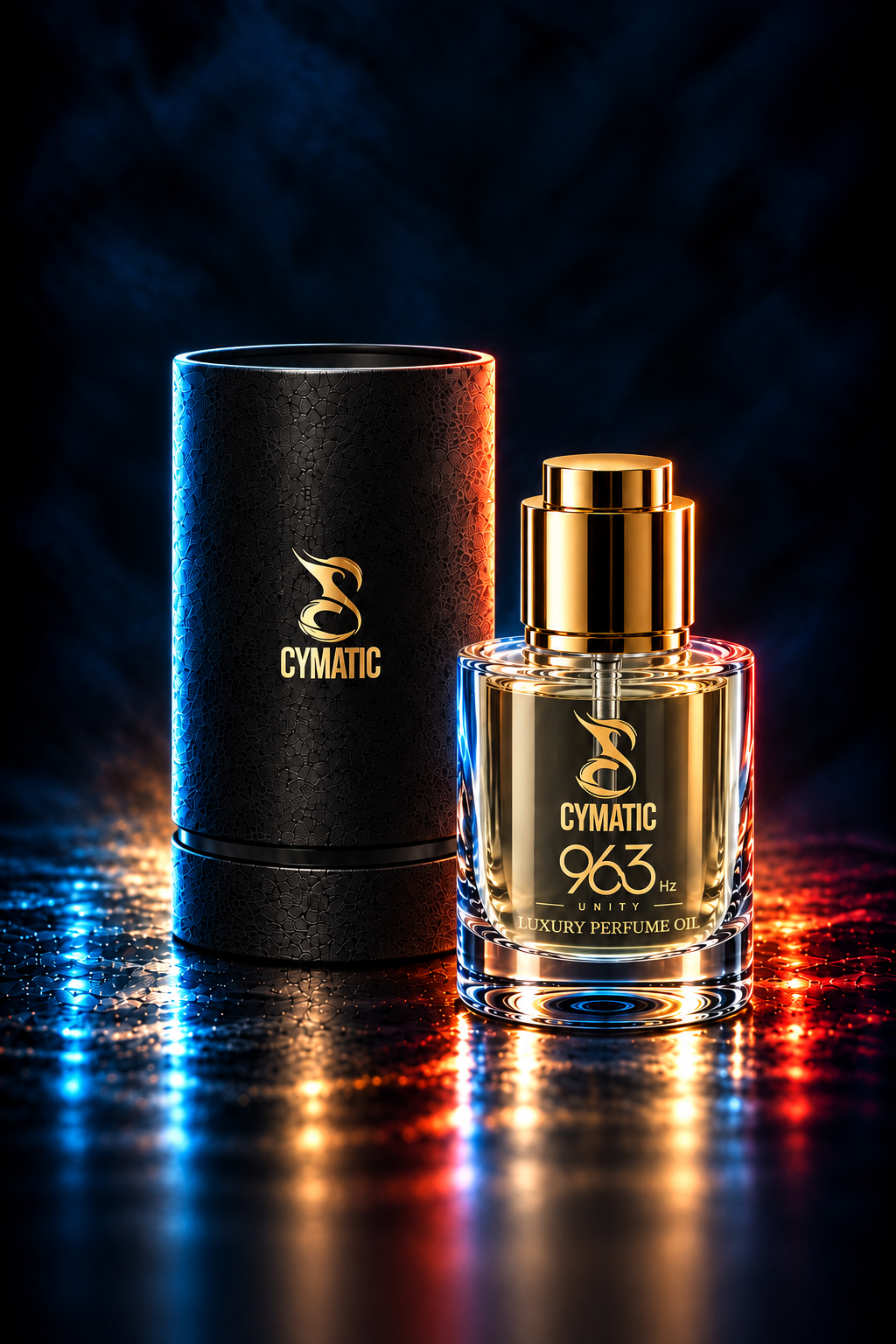 Luxury perfume oil bottle with gold accents and black packaging, branded 'Cymatic,' with a textured surface and glowing reflections on a dark background.