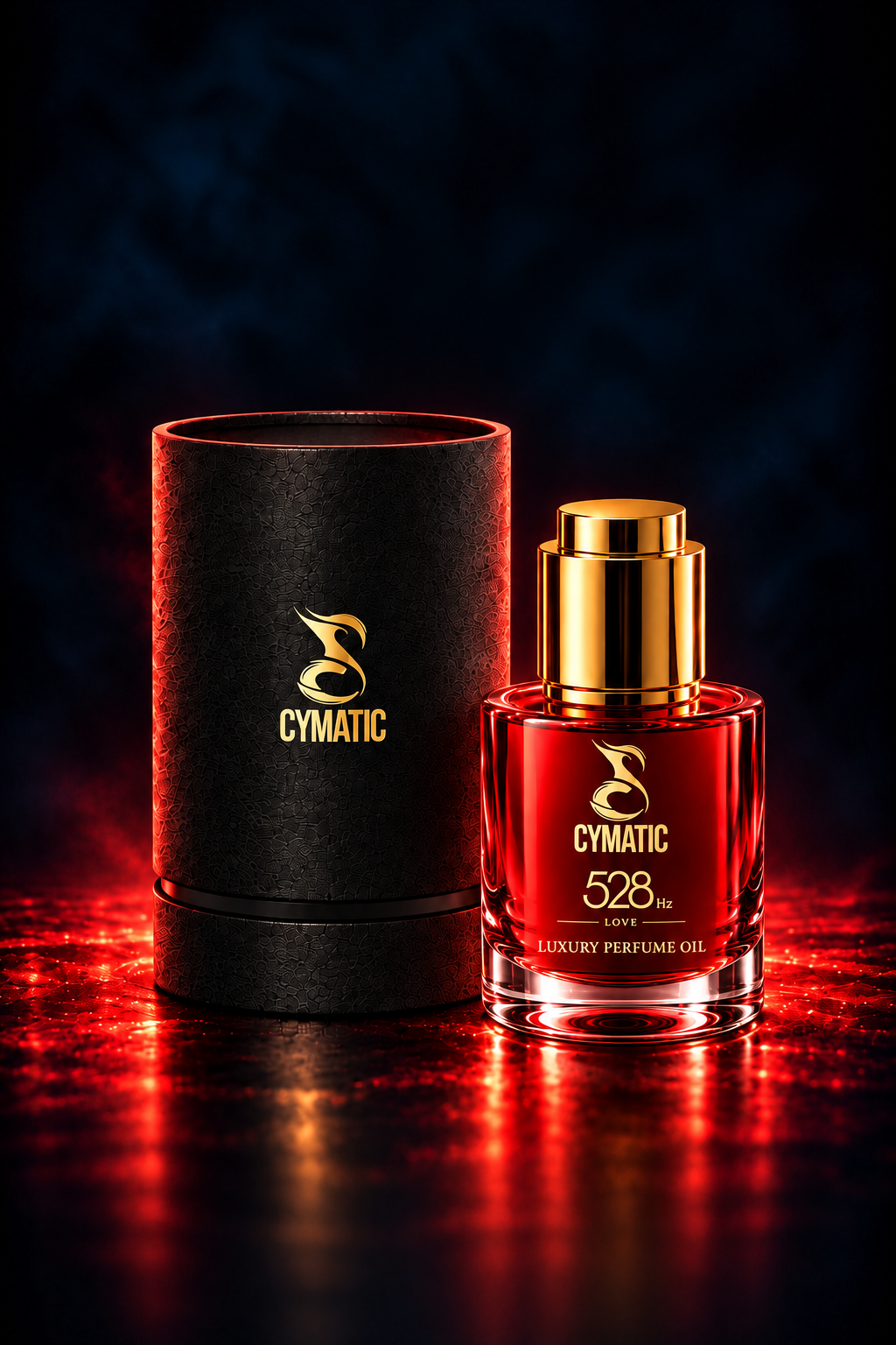 Cymatic 528 Love red perfume oil bottle with gold cap beside black cylindrical packaging with red lighting.