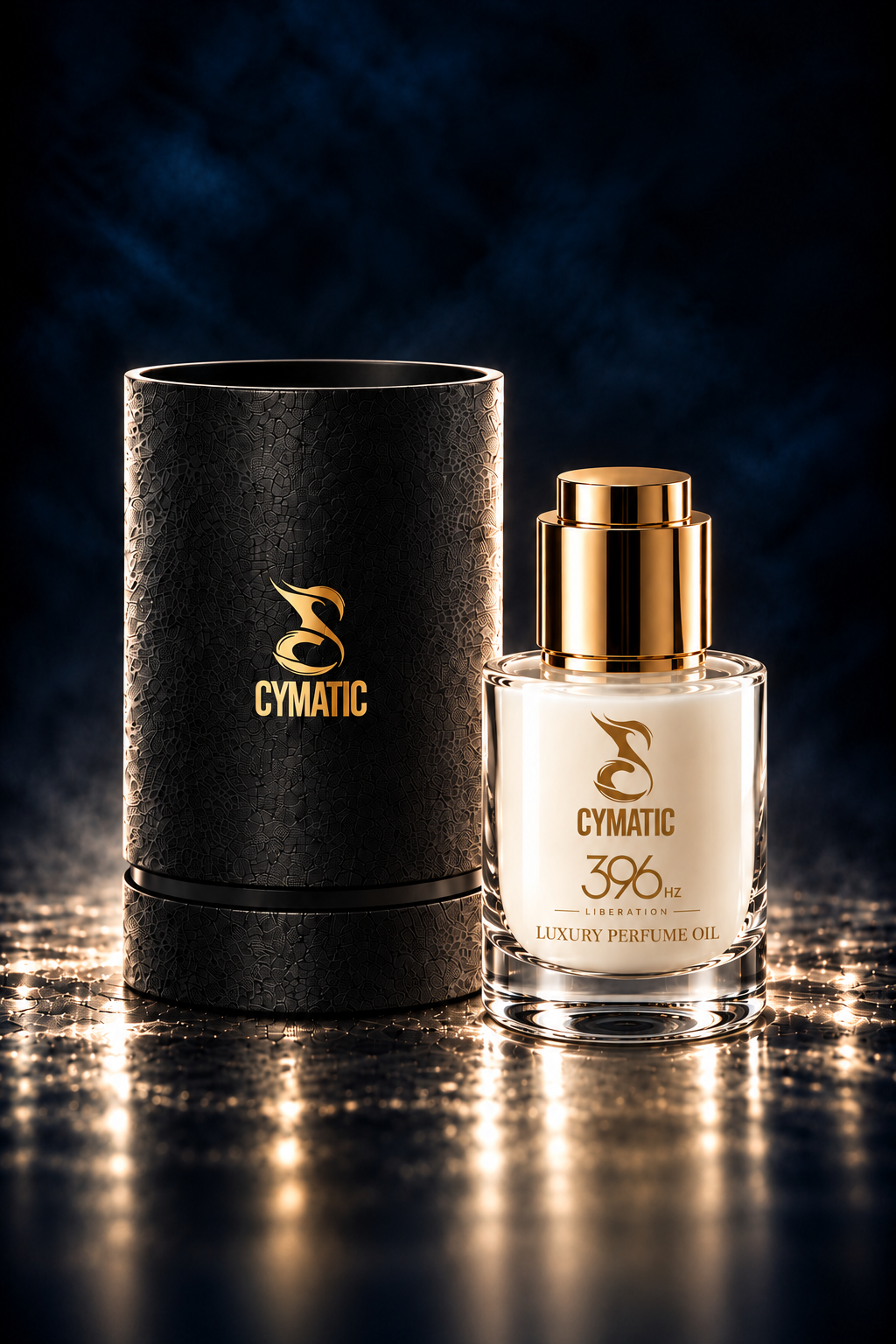 Cymatic 396 Liberation perfume oil bottle with gold cap beside black cylindrical packaging on a dark reflective surface.
